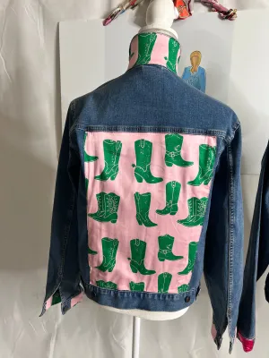 Cowgirl Boots Pink and Green on Denim Jacket Sale