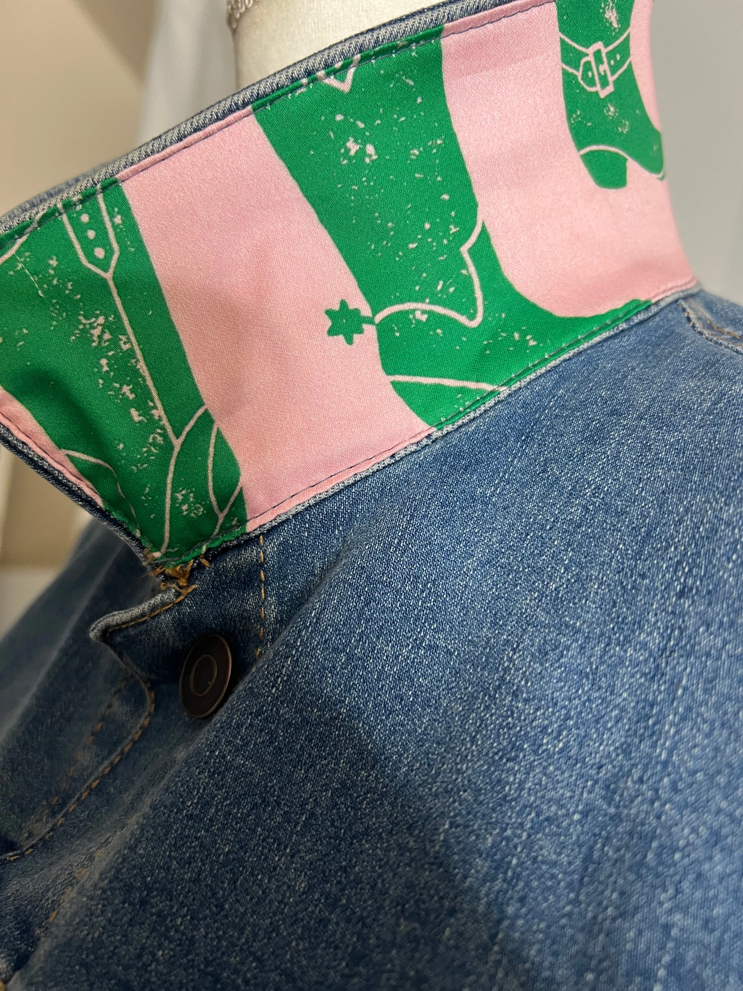 Cowgirl Boots Pink and Green on Denim Jacket Sale