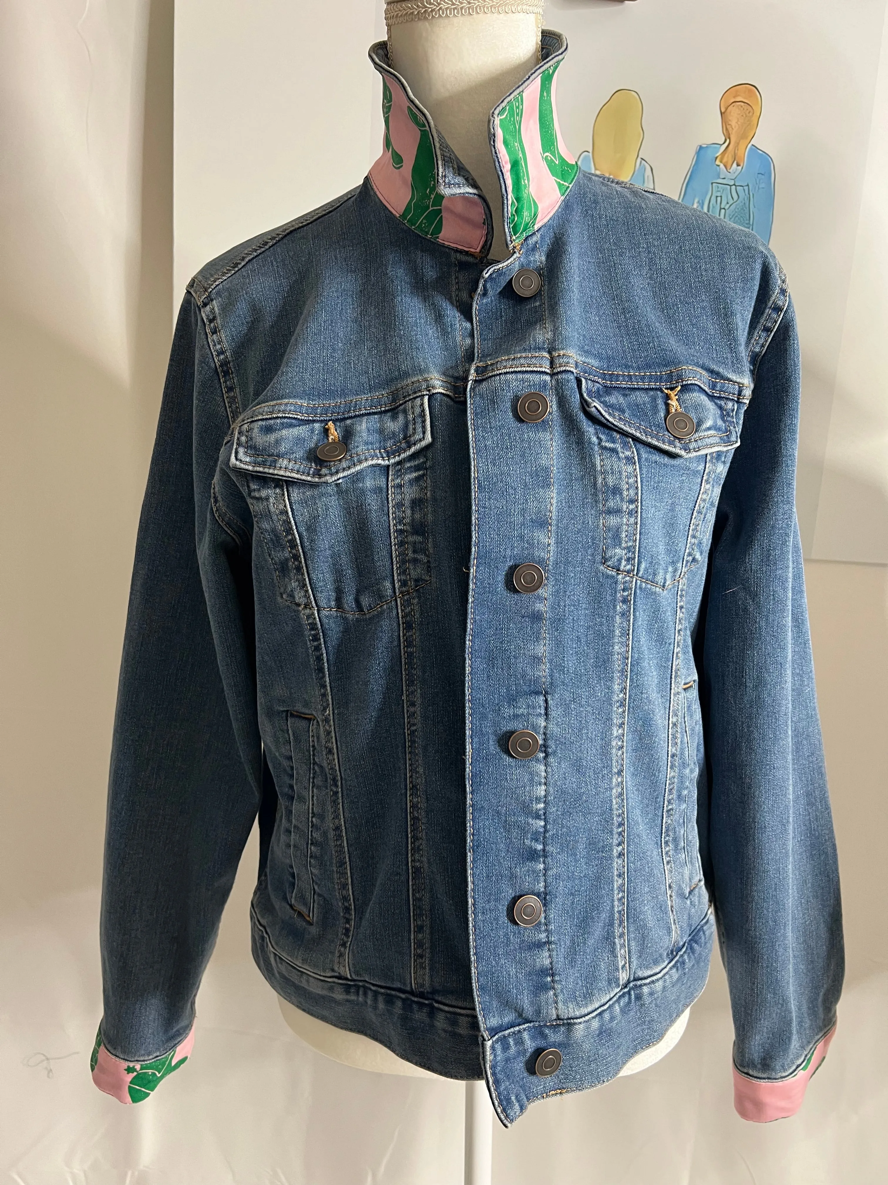 Cowgirl Boots Pink and Green on Denim Jacket Sale