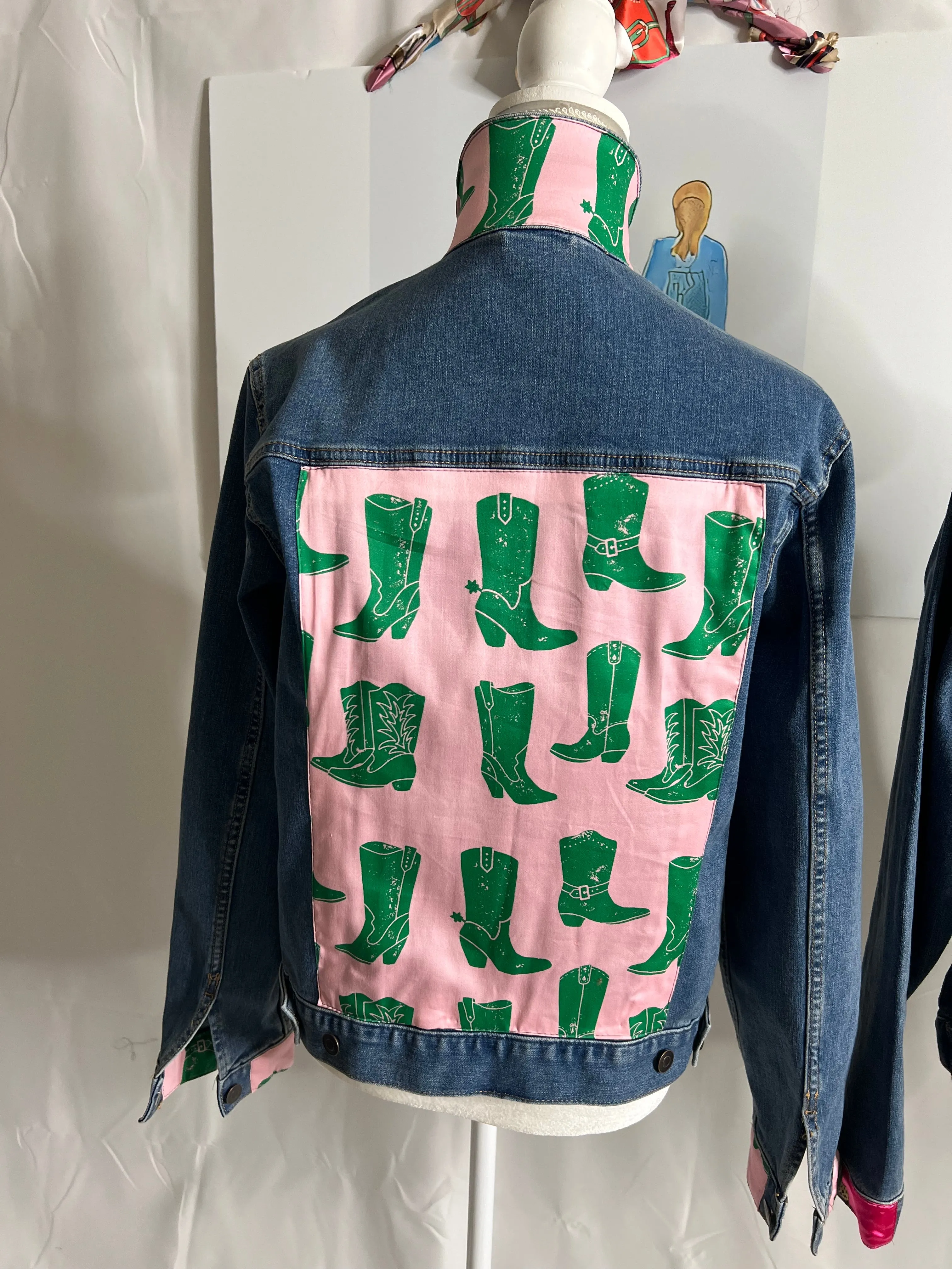 Cowgirl Boots Pink and Green on Denim Jacket Sale