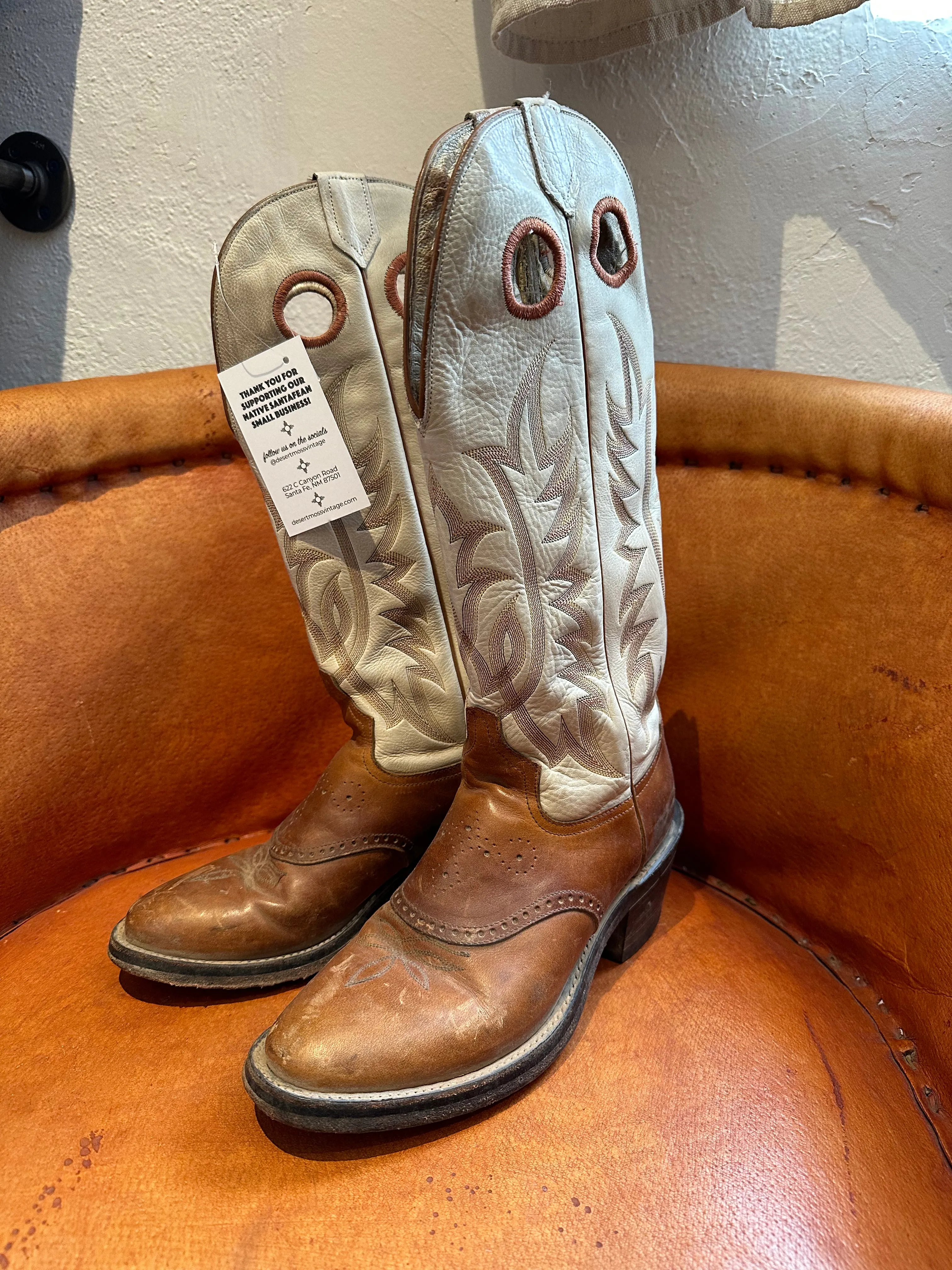 Cream and Brown Tall Cowboy Boots w/Pull Holes and Riding Heel 8D
