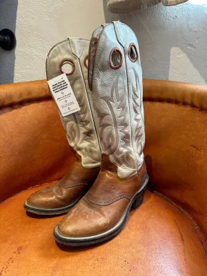 Cream and Brown Tall Cowboy Boots w/Pull Holes and Riding Heel 8D