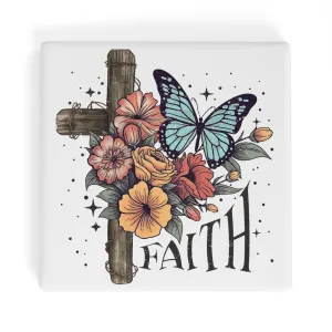 Cross with Flowers and Butterflies FAITH Square Ceramic Coasters - Set of 4