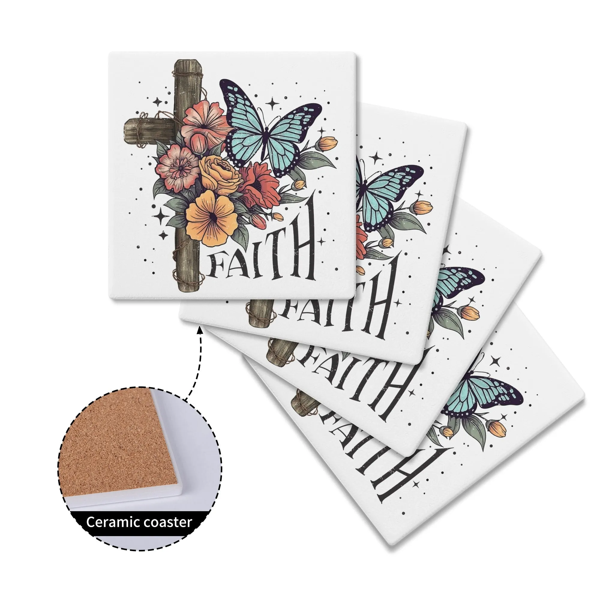 Cross with Flowers and Butterflies FAITH Square Ceramic Coasters - Set of 4