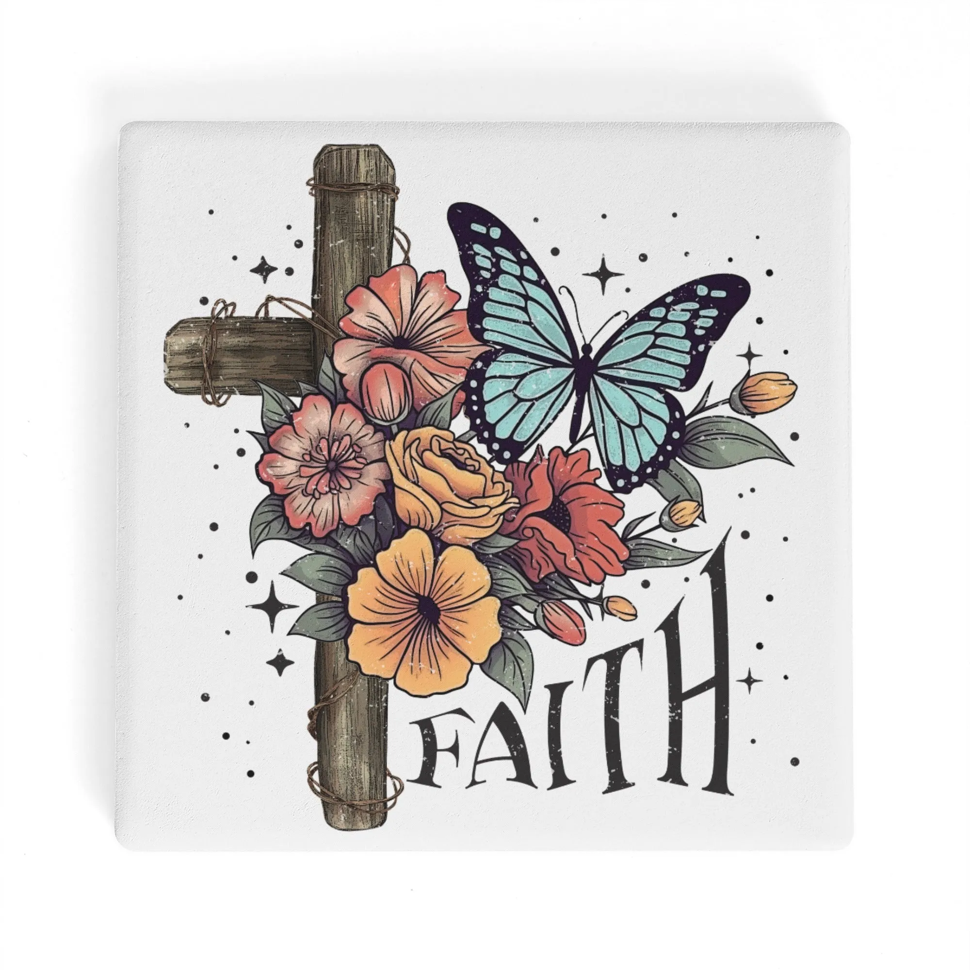 Cross with Flowers and Butterflies FAITH Square Ceramic Coasters - Set of 4