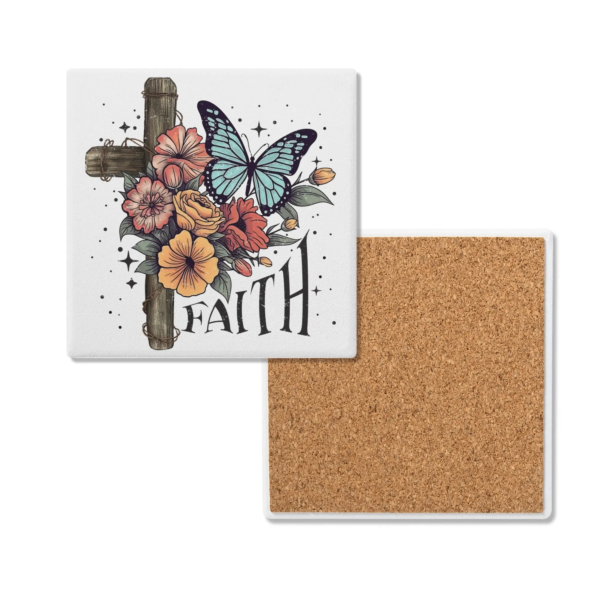 Cross with Flowers and Butterflies FAITH Square Ceramic Coasters - Set of 4