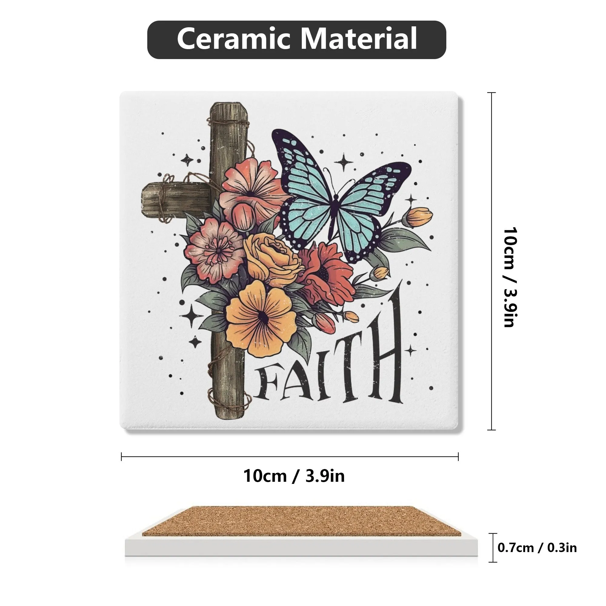 Cross with Flowers and Butterflies FAITH Square Ceramic Coasters - Set of 4