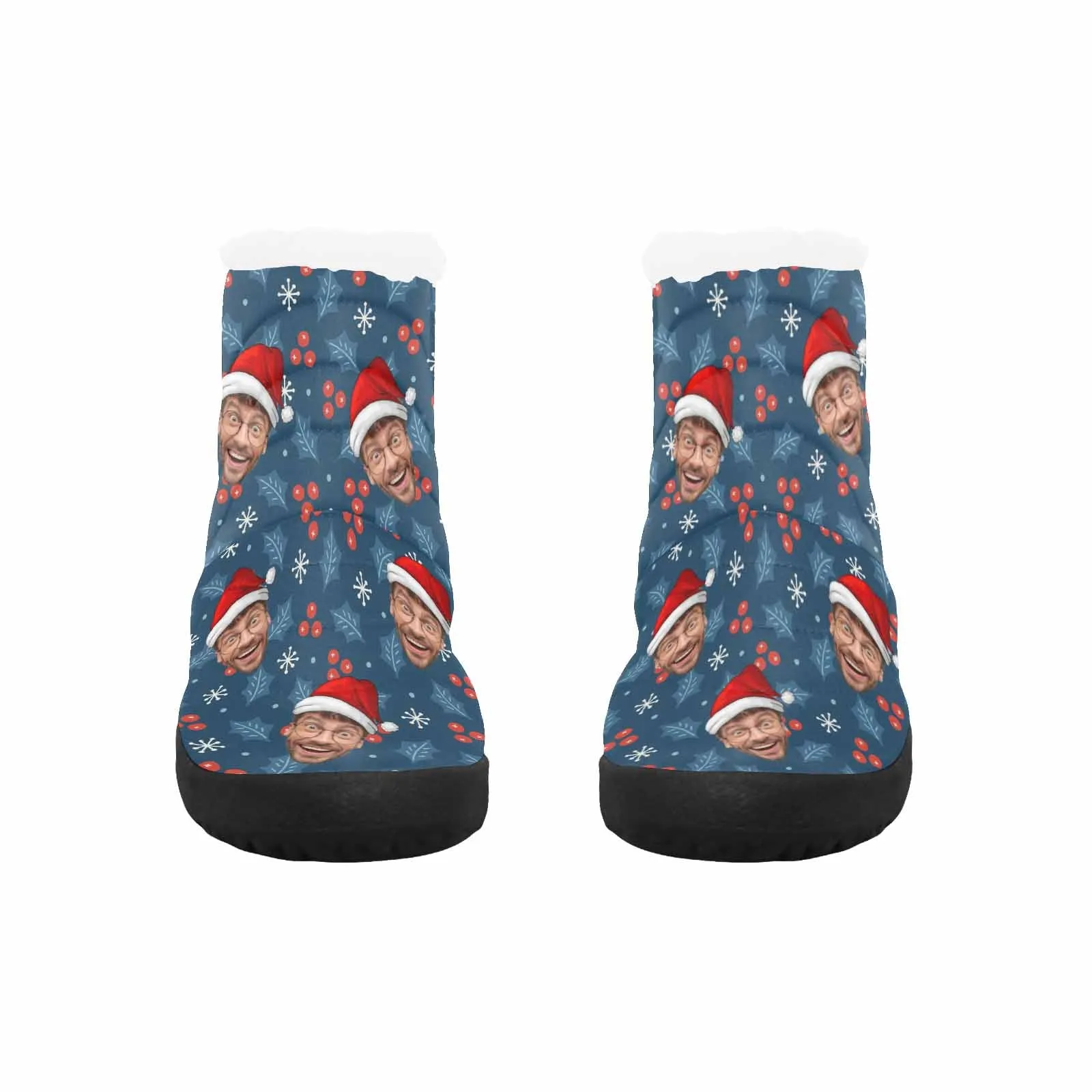 Custom Face Christmas Hat Blue Cotton-Padded Shoes Snow Boots for Men Women