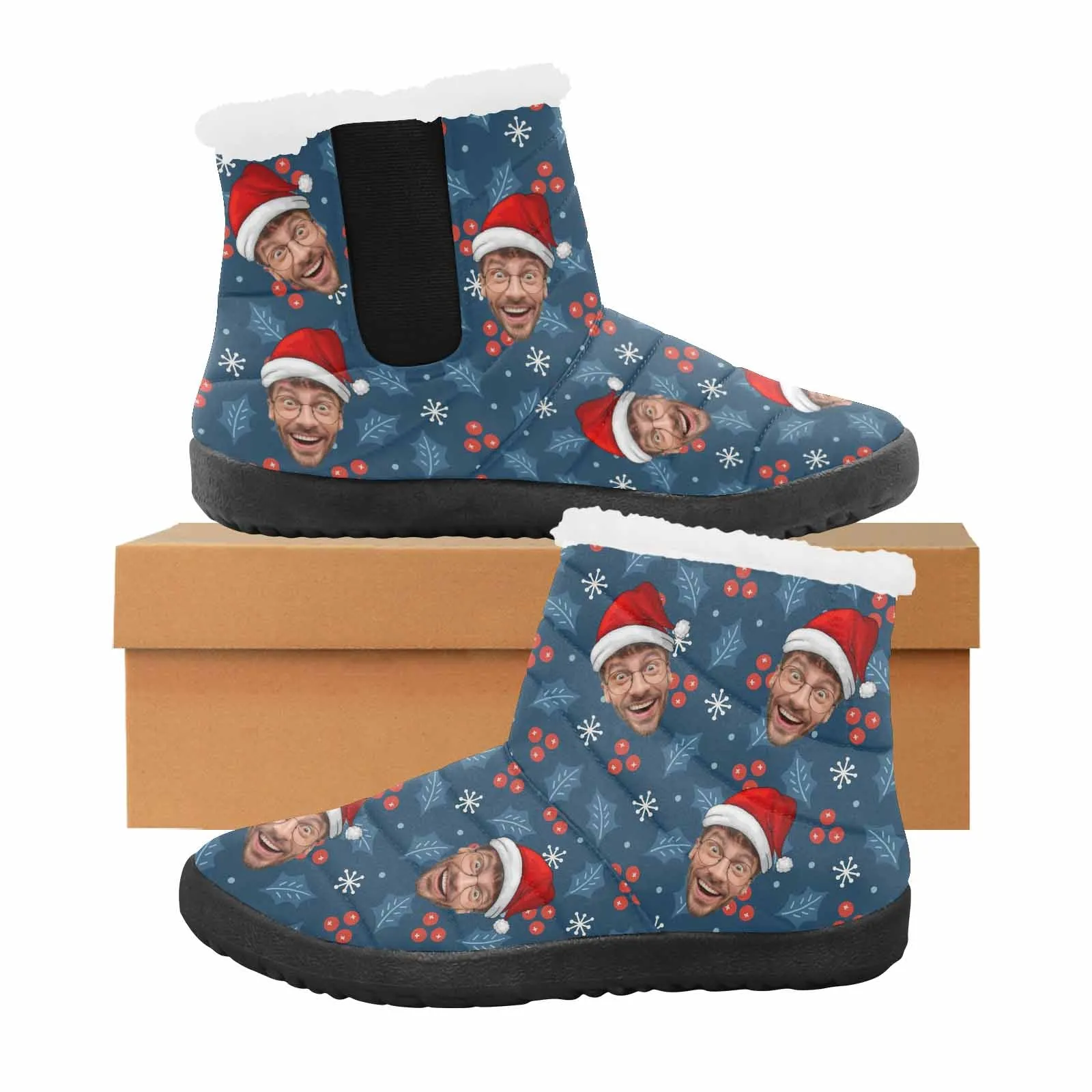Custom Face Christmas Hat Blue Cotton-Padded Shoes Snow Boots for Men Women