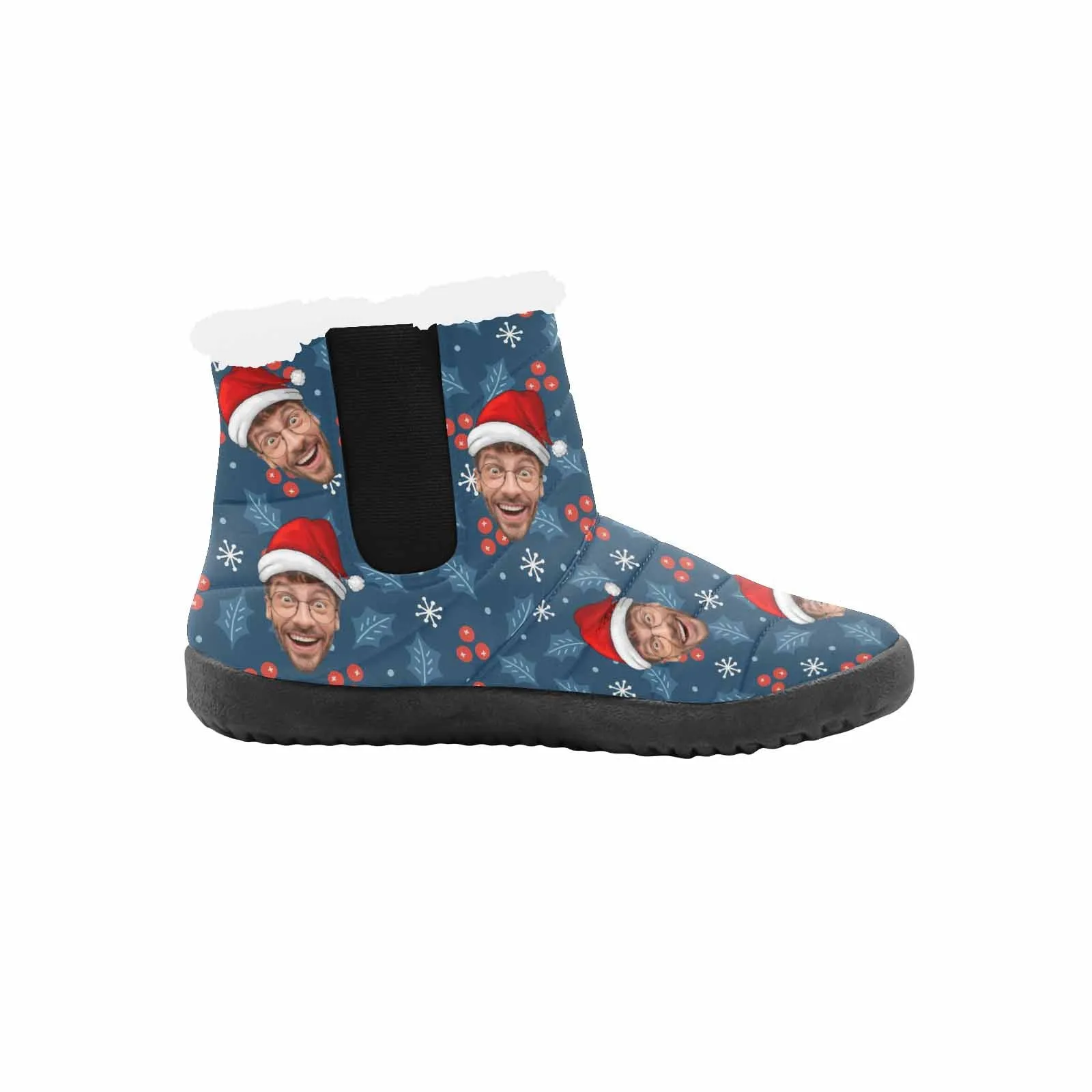 Custom Face Christmas Hat Blue Cotton-Padded Shoes Snow Boots for Men Women