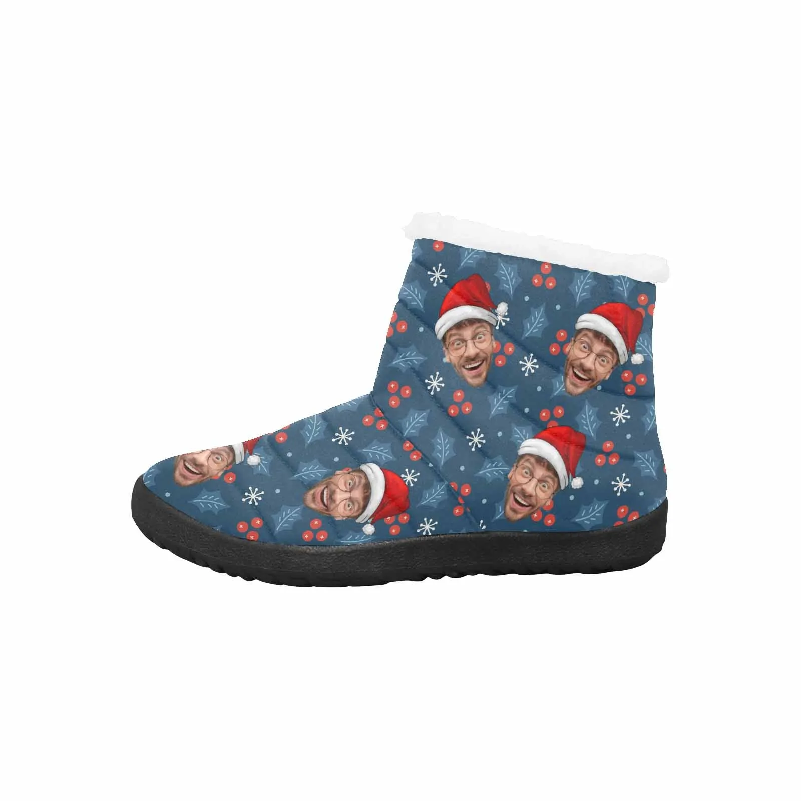 Custom Face Christmas Hat Blue Cotton-Padded Shoes Snow Boots for Men Women