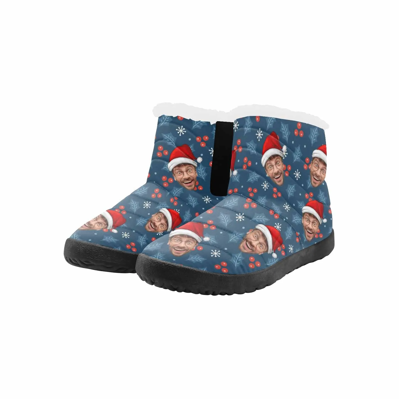 Custom Face Christmas Hat Blue Cotton-Padded Shoes Snow Boots for Men Women