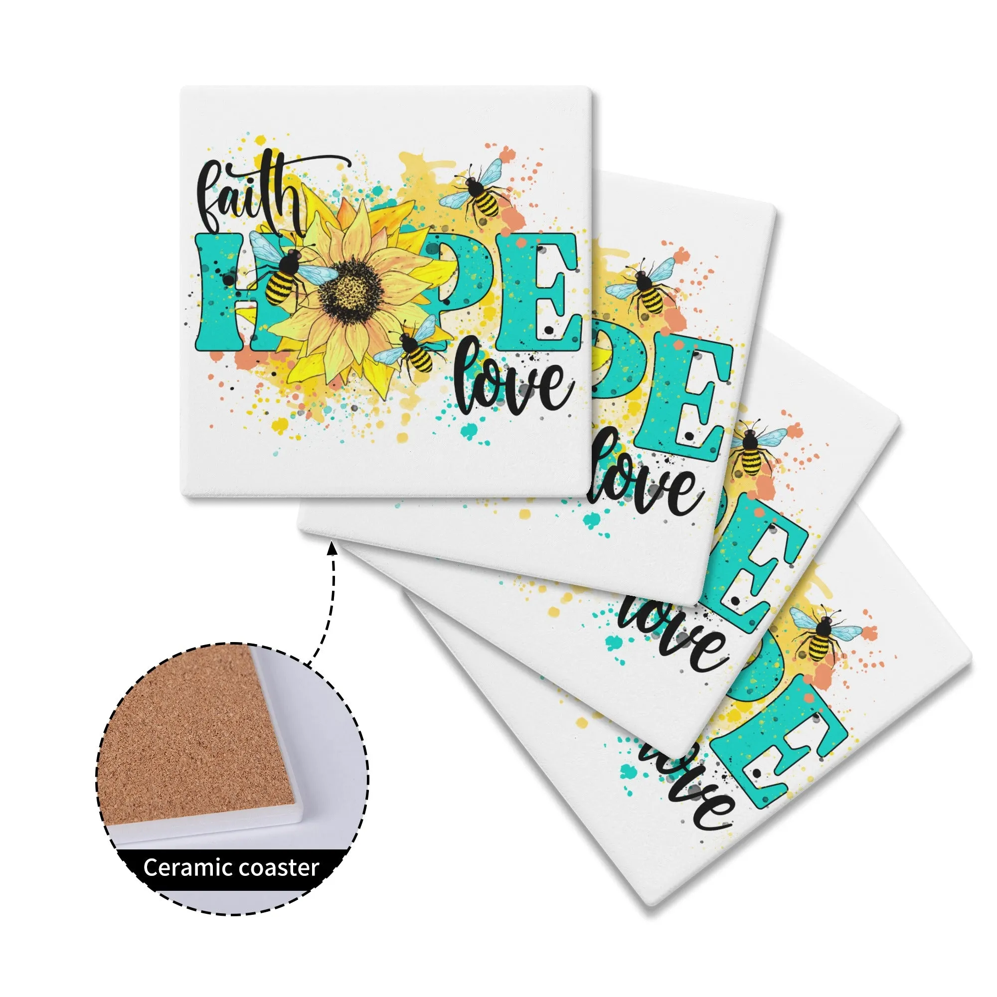 Faith Hope Love Daisy Flower on White Square Ceramic Coasters - Set of 4