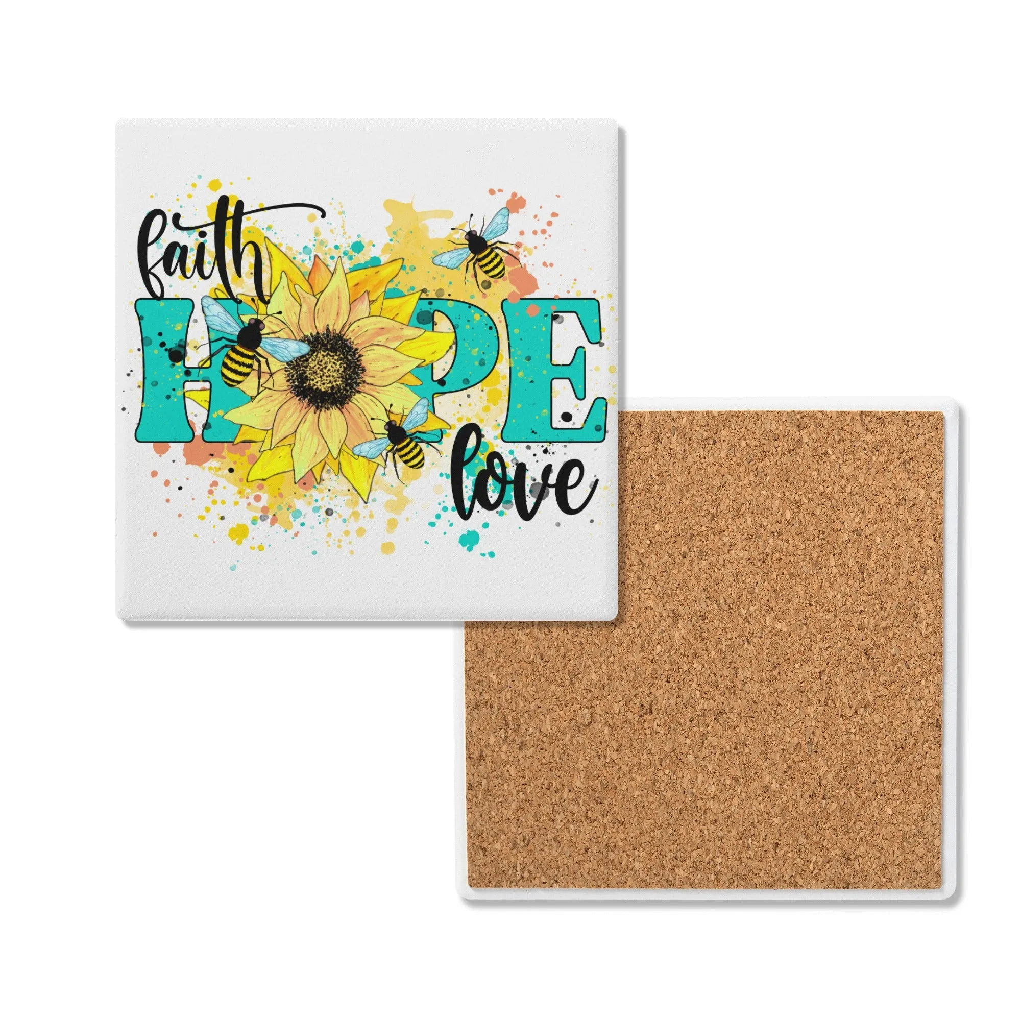 Faith Hope Love Daisy Flower on White Square Ceramic Coasters - Set of 4