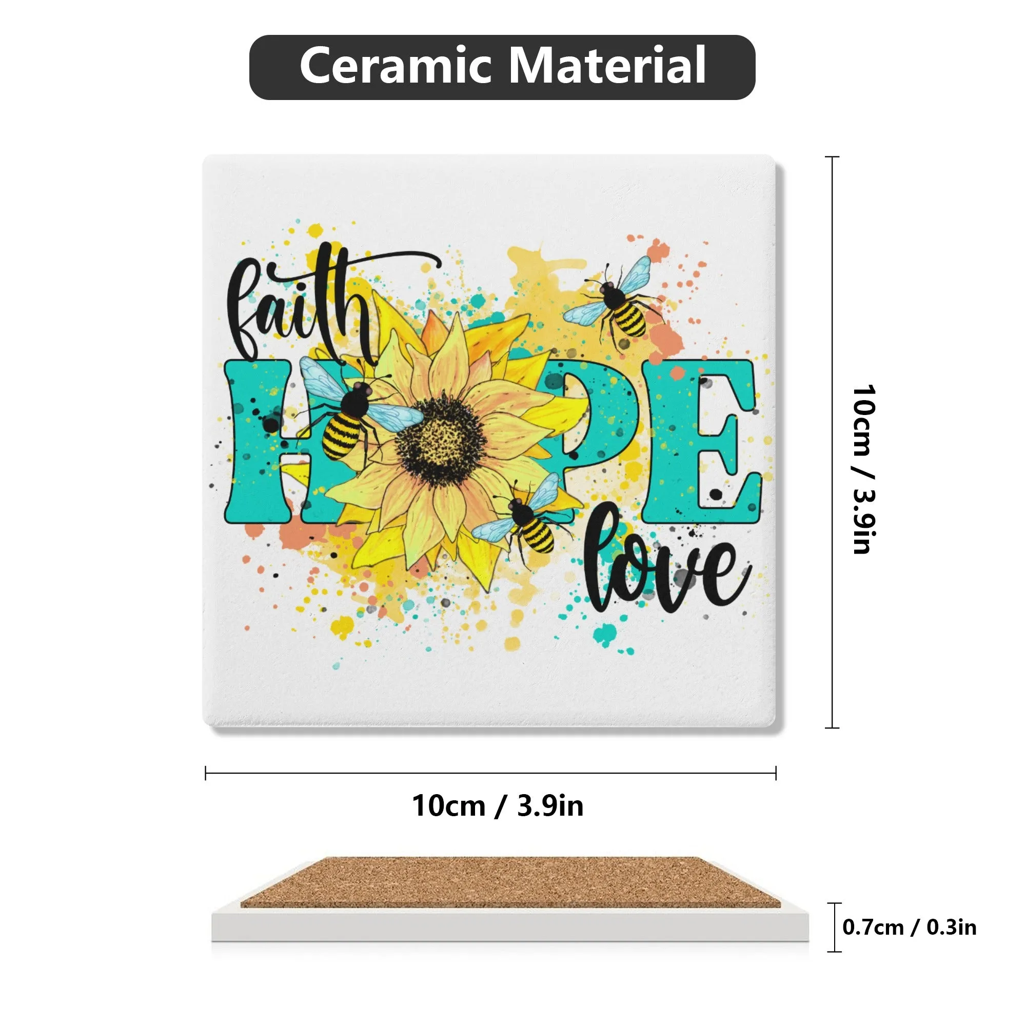 Faith Hope Love Daisy Flower on White Square Ceramic Coasters - Set of 4