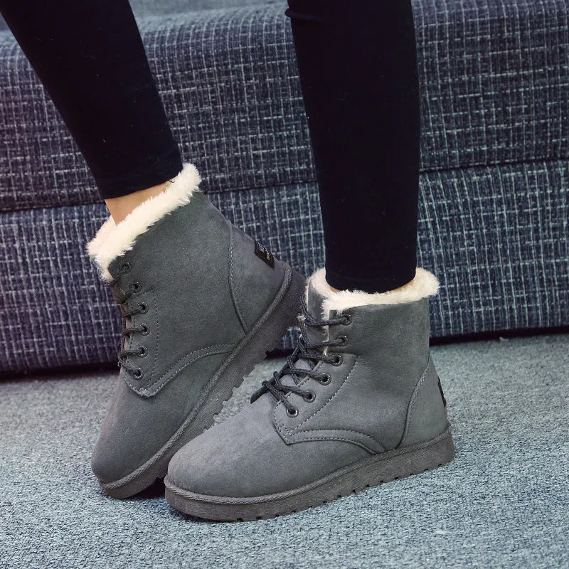 Female Soft Waterproof Suede Moccasins Martin Ankle Boots Winter Snow Boots Inside Faux Fur