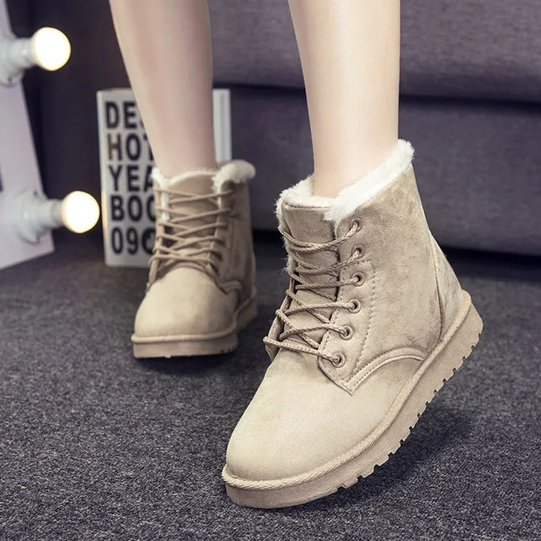 Female Soft Waterproof Suede Moccasins Martin Ankle Boots Winter Snow Boots Inside Faux Fur