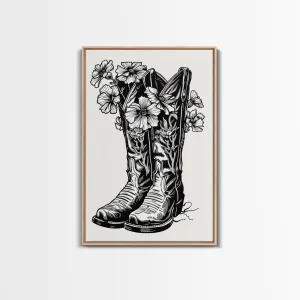 Floral Cowboy Boots Art Print, Retro Western Framed Canvas, Vintage Flower Boots Artwork, Unique Wall Decor for Home