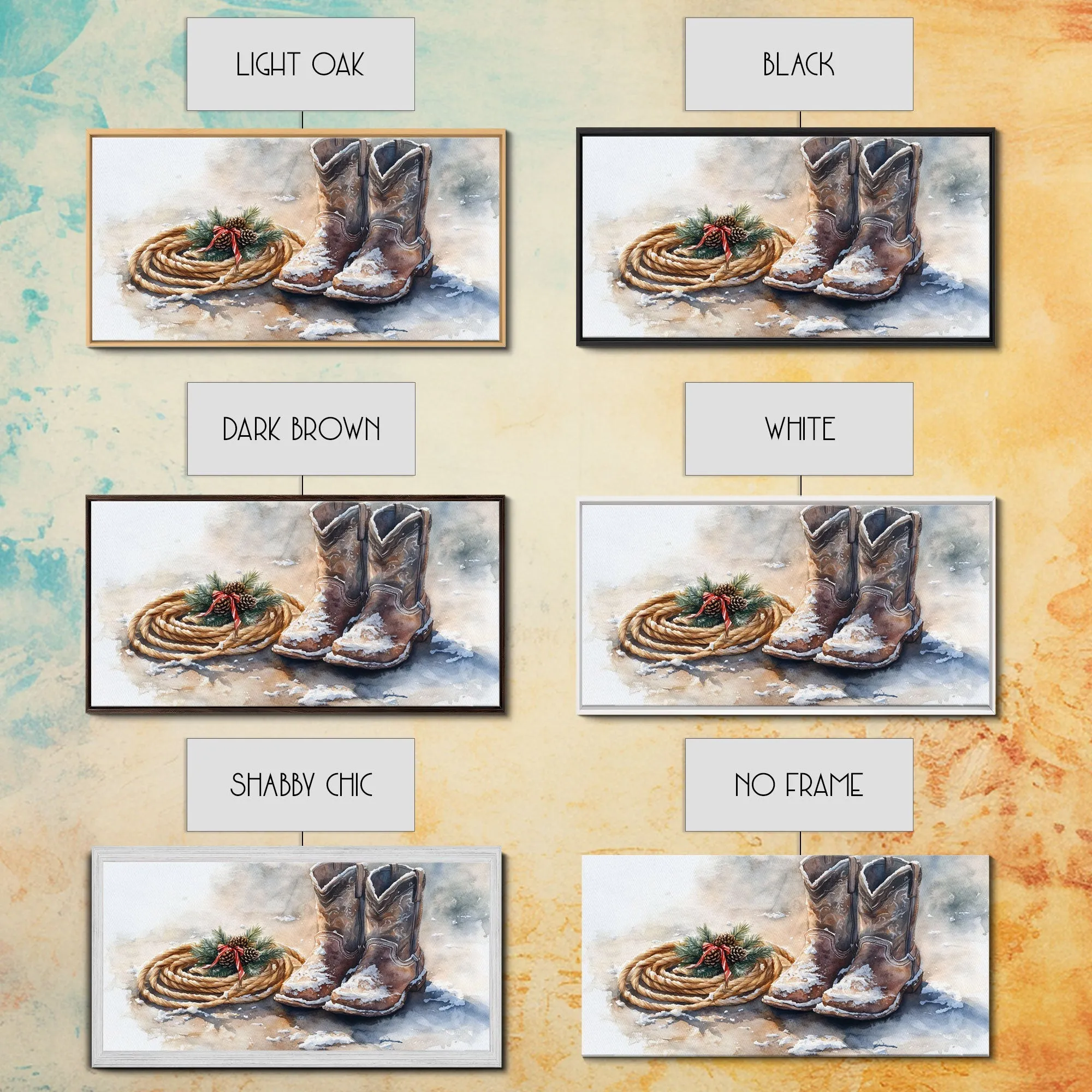 Framed Canvas Print Cowboy Boots and Rope with Pinecones, Rustic Winter Decor, Western Christmas Art, Perfect Holiday Wall Print