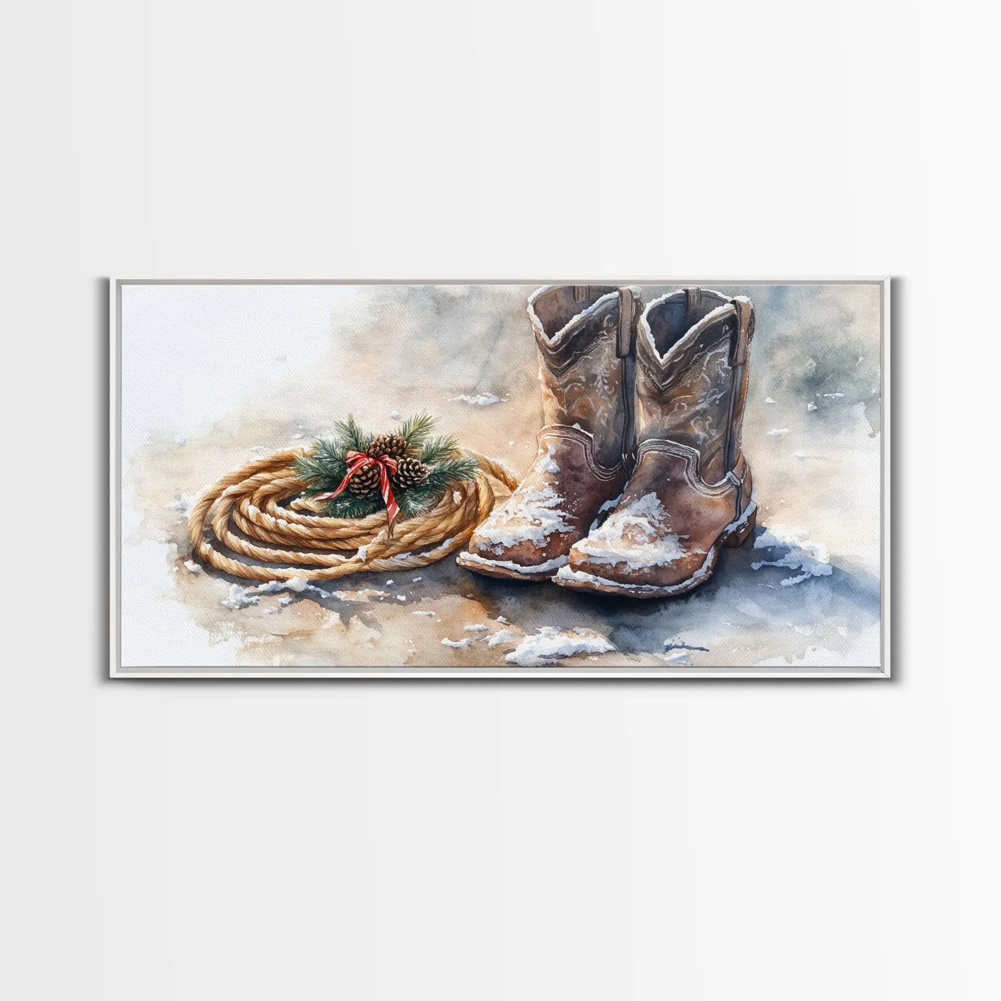 Framed Canvas Print Cowboy Boots and Rope with Pinecones, Rustic Winter Decor, Western Christmas Art, Perfect Holiday Wall Print