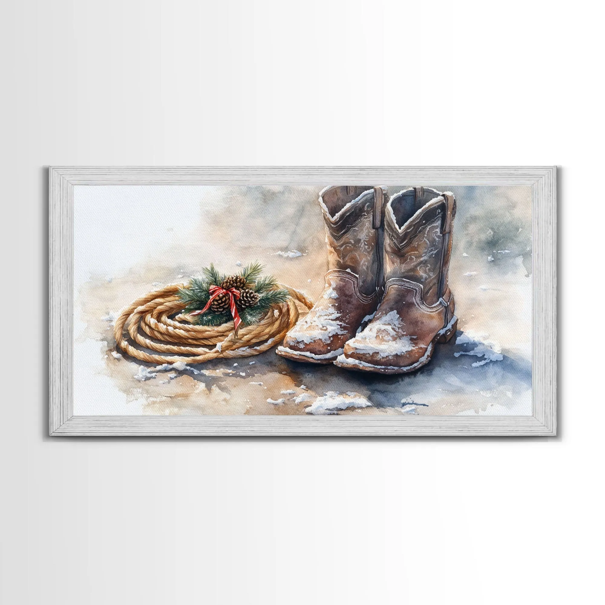 Framed Canvas Print Cowboy Boots and Rope with Pinecones, Rustic Winter Decor, Western Christmas Art, Perfect Holiday Wall Print