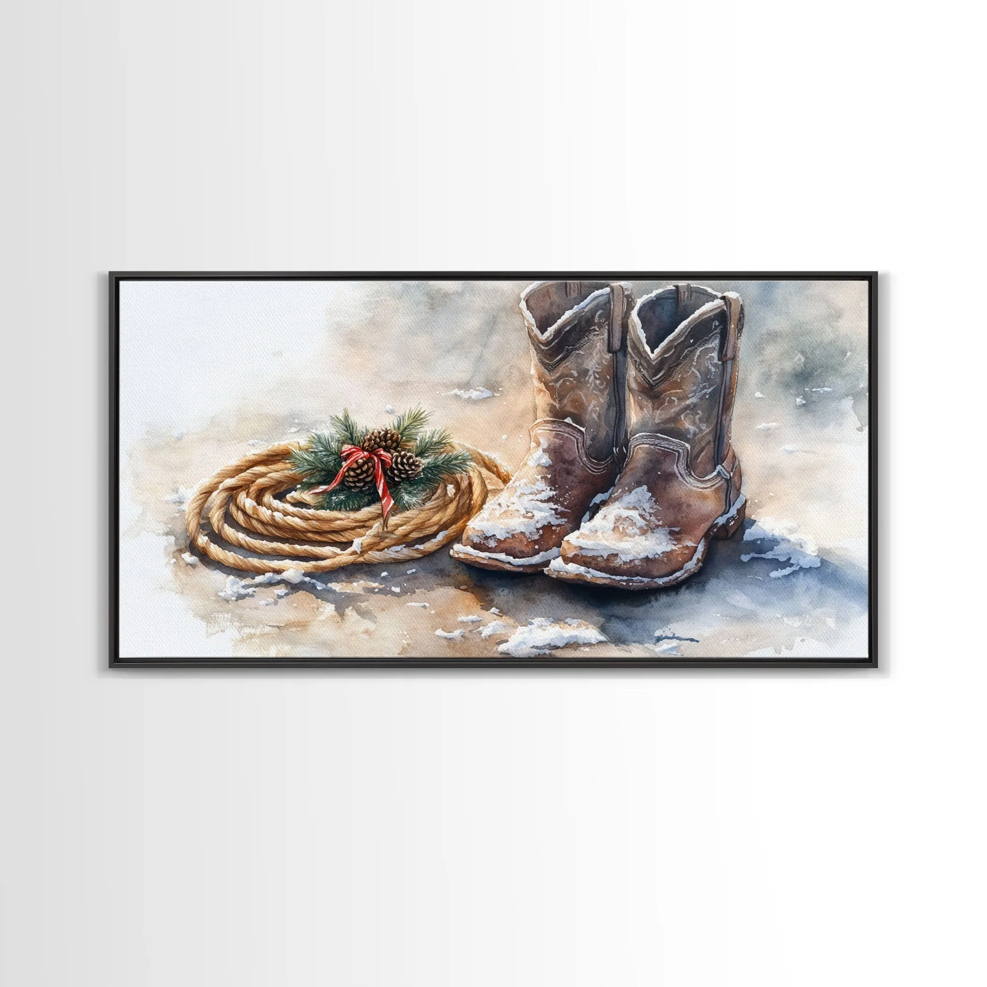 Framed Canvas Print Cowboy Boots and Rope with Pinecones, Rustic Winter Decor, Western Christmas Art, Perfect Holiday Wall Print