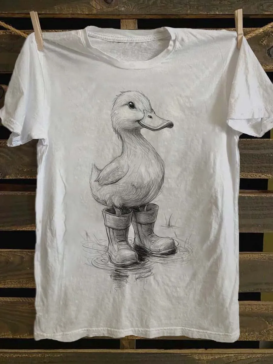 Fun Duck in Boots Print Casual Short Sleeve T-Shirt