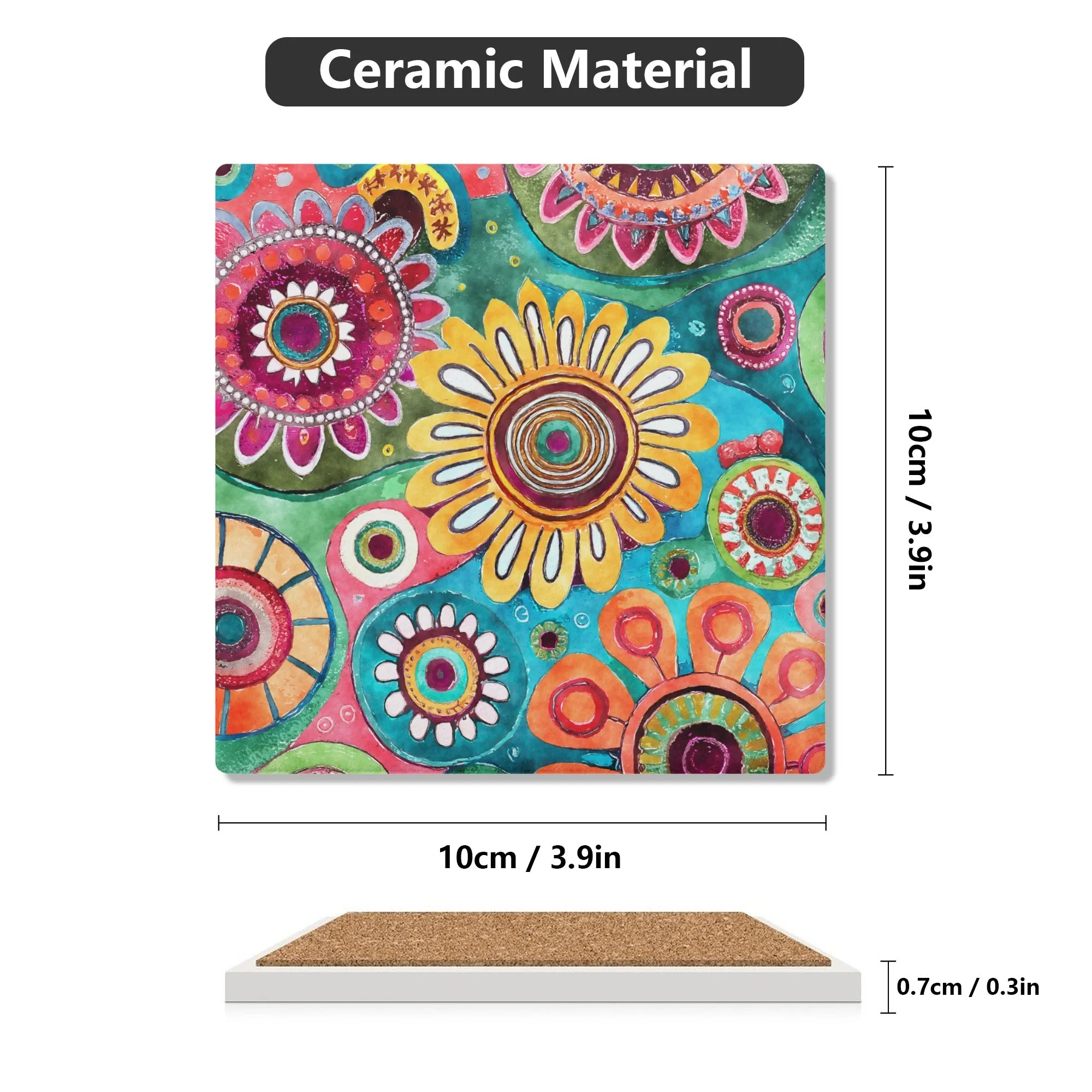 Funky Retro Daisy Flowers Square Ceramic Coasters - Set of 4