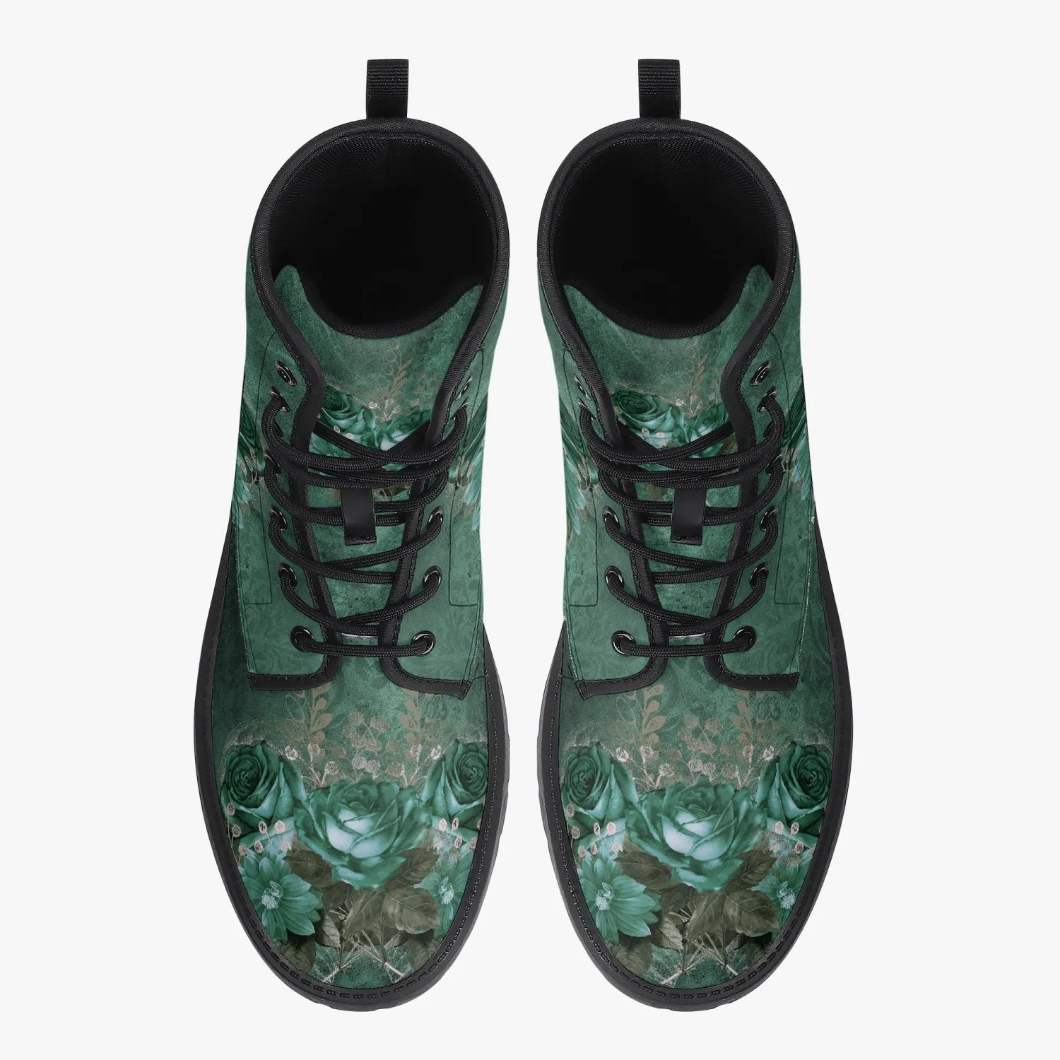 Gothic Green Roses Floral Vegan Leather Combat Boots - Dark Victorian Lace up Boots (JPREG72)