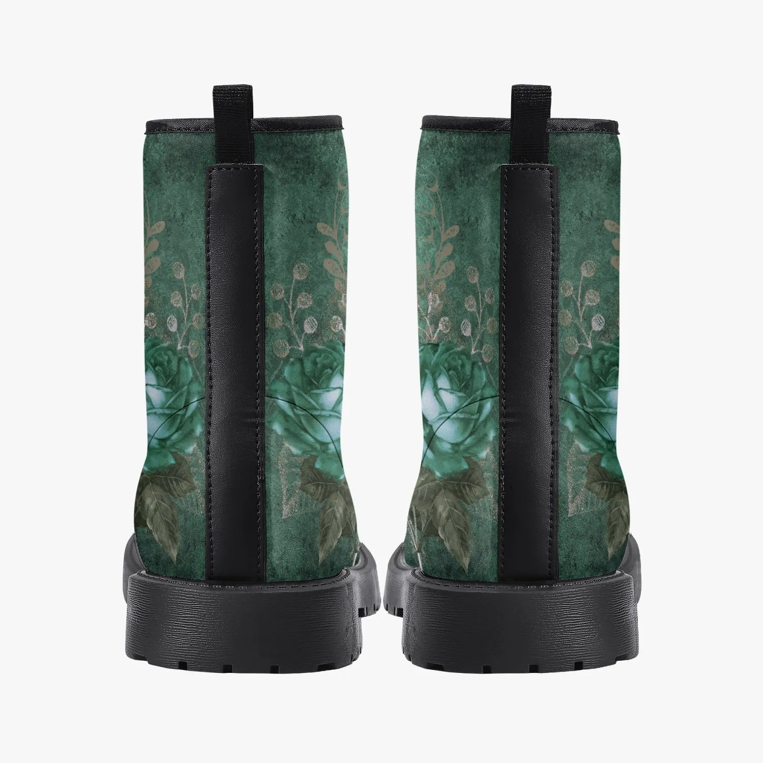 Gothic Green Roses Floral Vegan Leather Combat Boots - Dark Victorian Lace up Boots (JPREG72)