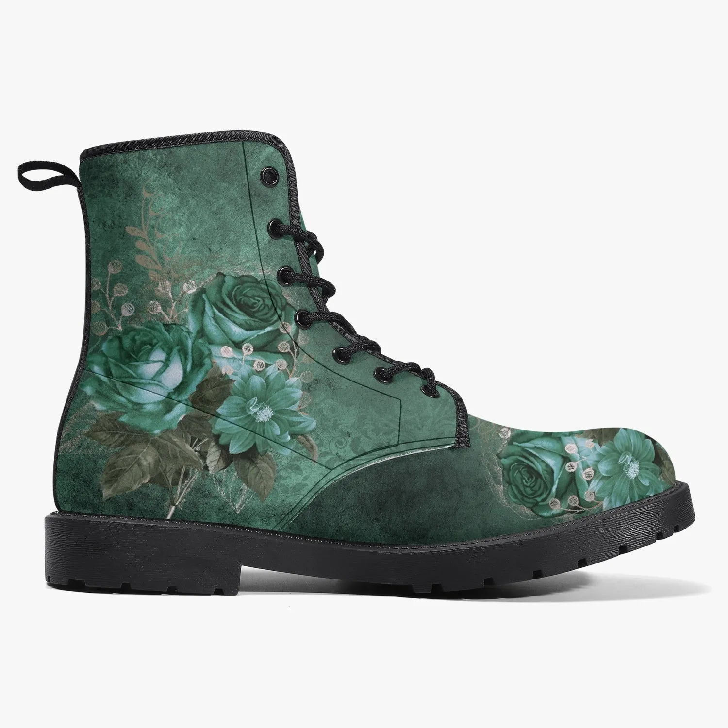 Gothic Green Roses Floral Vegan Leather Combat Boots - Dark Victorian Lace up Boots (JPREG72)
