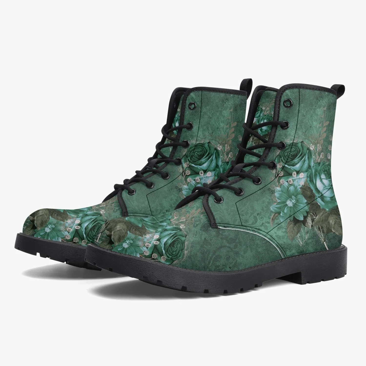Gothic Green Roses Floral Vegan Leather Combat Boots - Dark Victorian Lace up Boots (JPREG72)