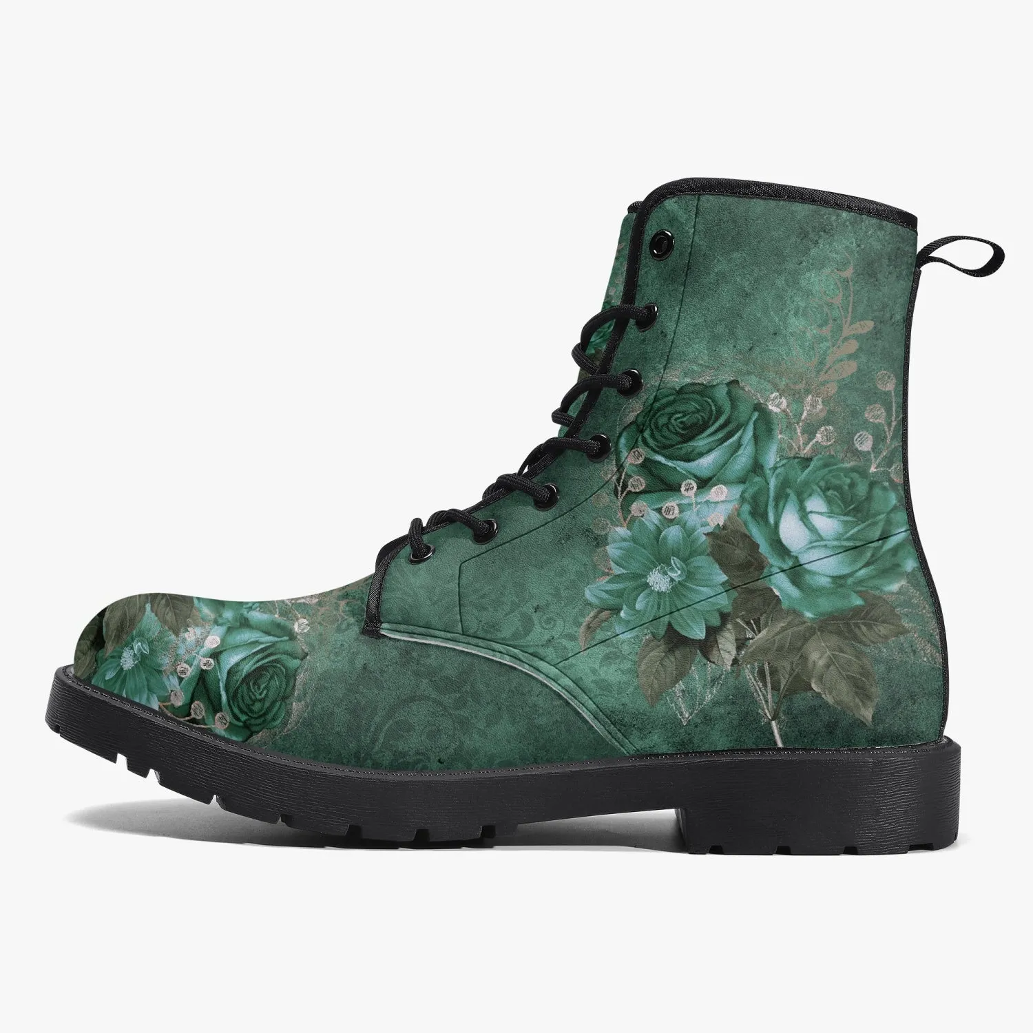 Gothic Green Roses Floral Vegan Leather Combat Boots - Dark Victorian Lace up Boots (JPREG72)