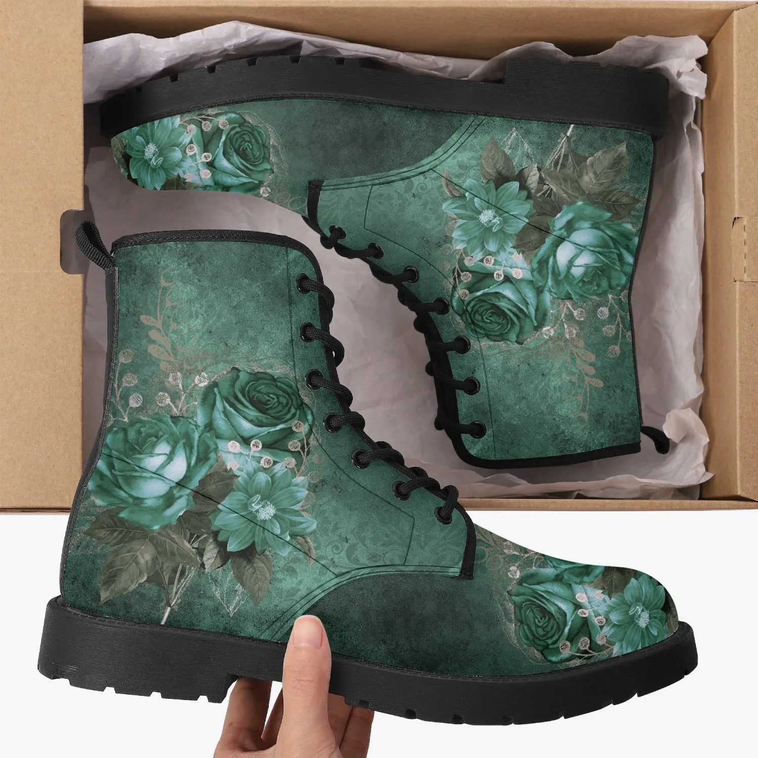 Gothic Green Roses Floral Vegan Leather Combat Boots - Dark Victorian Lace up Boots (JPREG72)