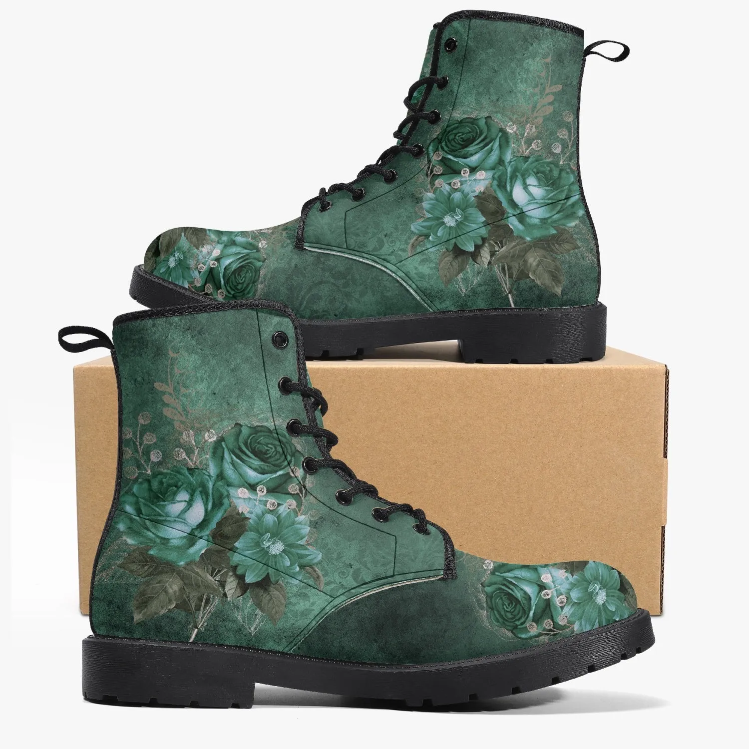 Gothic Green Roses Floral Vegan Leather Combat Boots - Dark Victorian Lace up Boots (JPREG72)