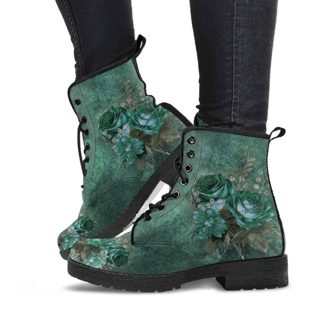 Gothic Green Roses Floral Vegan Leather Combat Boots - Dark Victorian Lace up Boots (JPREG72)