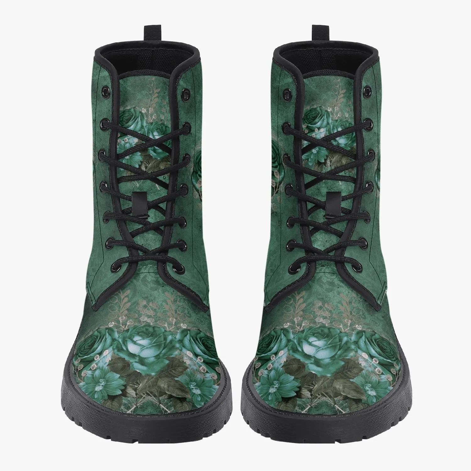 Gothic Green Roses Floral Vegan Leather Combat Boots - Dark Victorian Lace up Boots (JPREG72)
