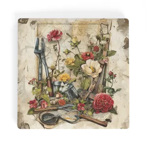 Green Thumb Essentials: Gardener's Tools and Planting Flowers Square Ceramic Coasters - Set of 4