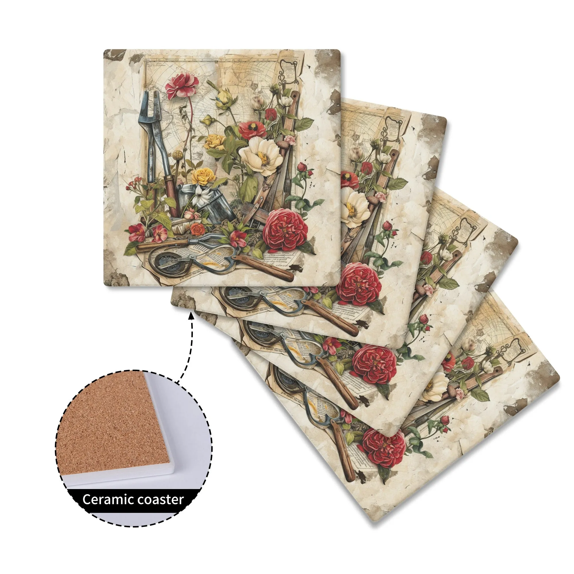 Green Thumb Essentials: Gardener's Tools and Planting Flowers Square Ceramic Coasters - Set of 4