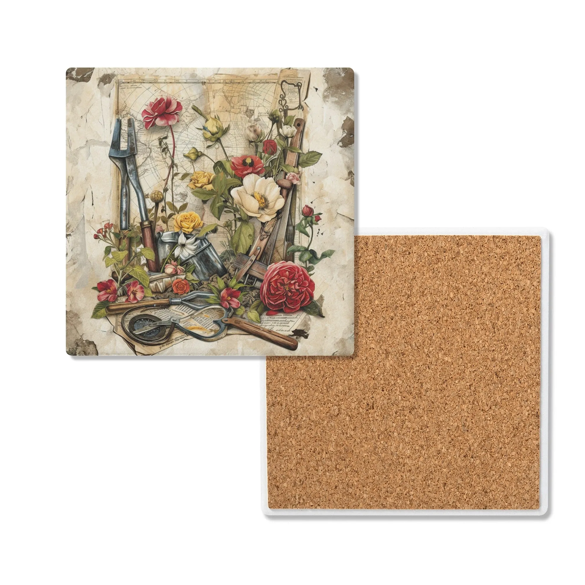 Green Thumb Essentials: Gardener's Tools and Planting Flowers Square Ceramic Coasters - Set of 4