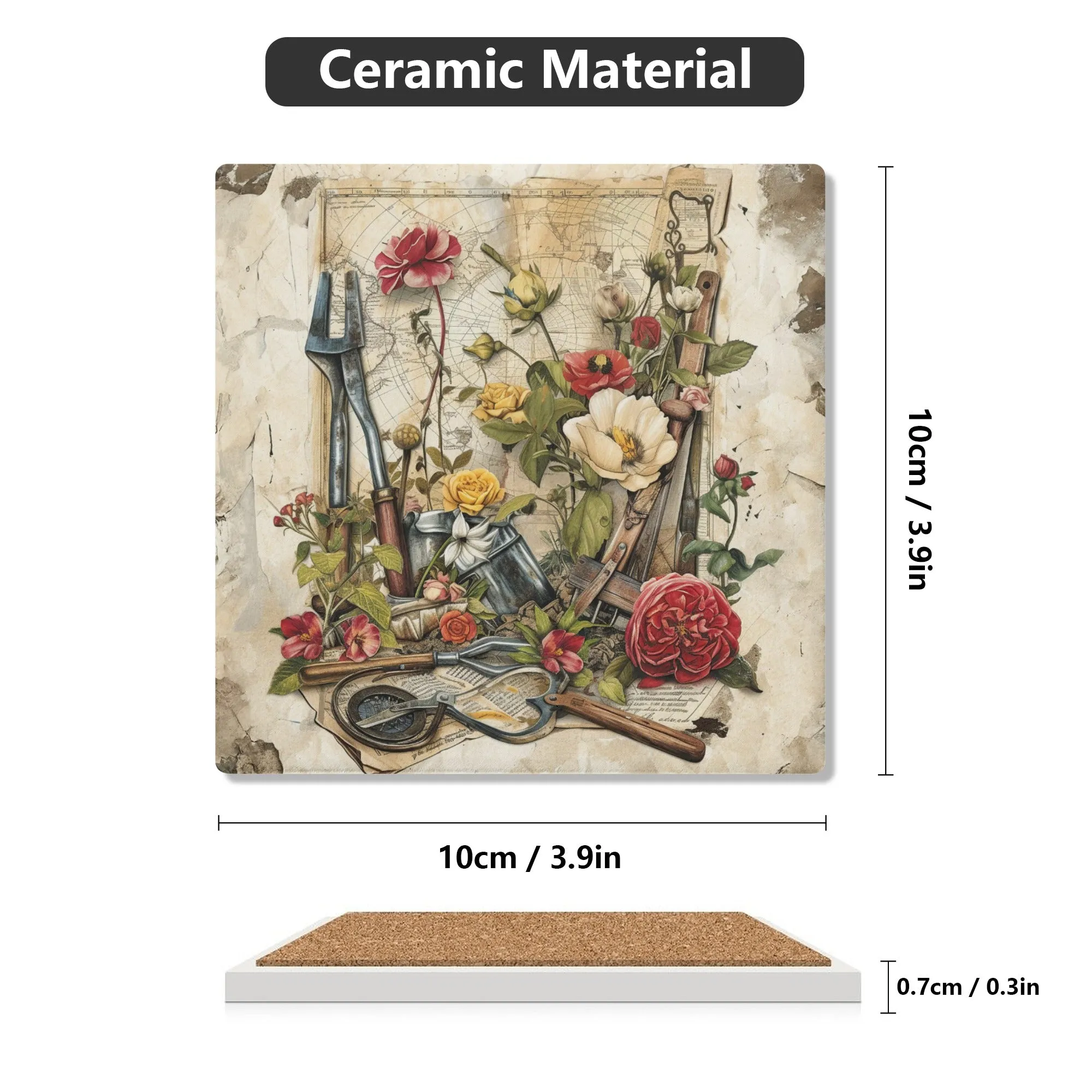 Green Thumb Essentials: Gardener's Tools and Planting Flowers Square Ceramic Coasters - Set of 4