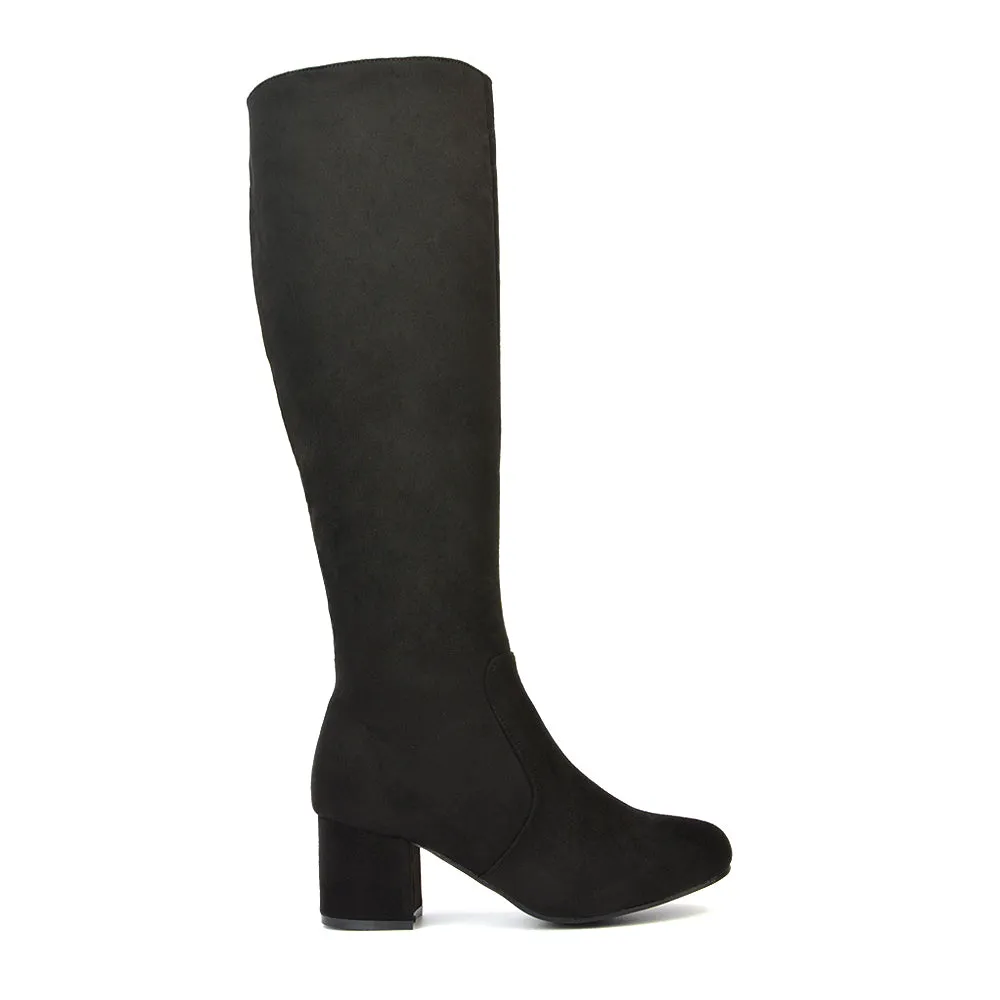 Honey Knee High Boots with Mid Block Heel and Inside Zip in Black Synthetic Leather