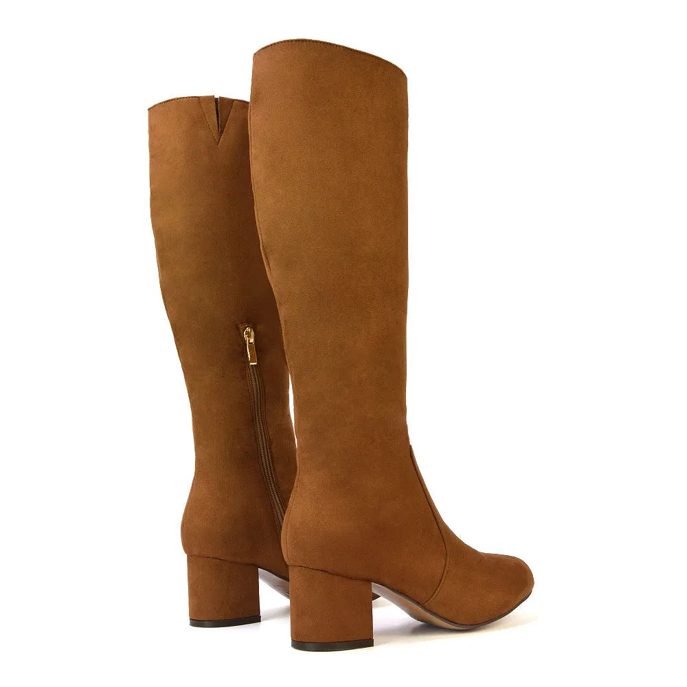 Honey Knee High Boots with Mid Block Heel and Inside Zip in Black Synthetic Leather