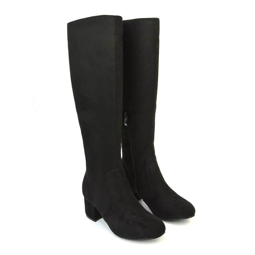 Honey Knee High Boots with Mid Block Heel and Inside Zip in Black Synthetic Leather