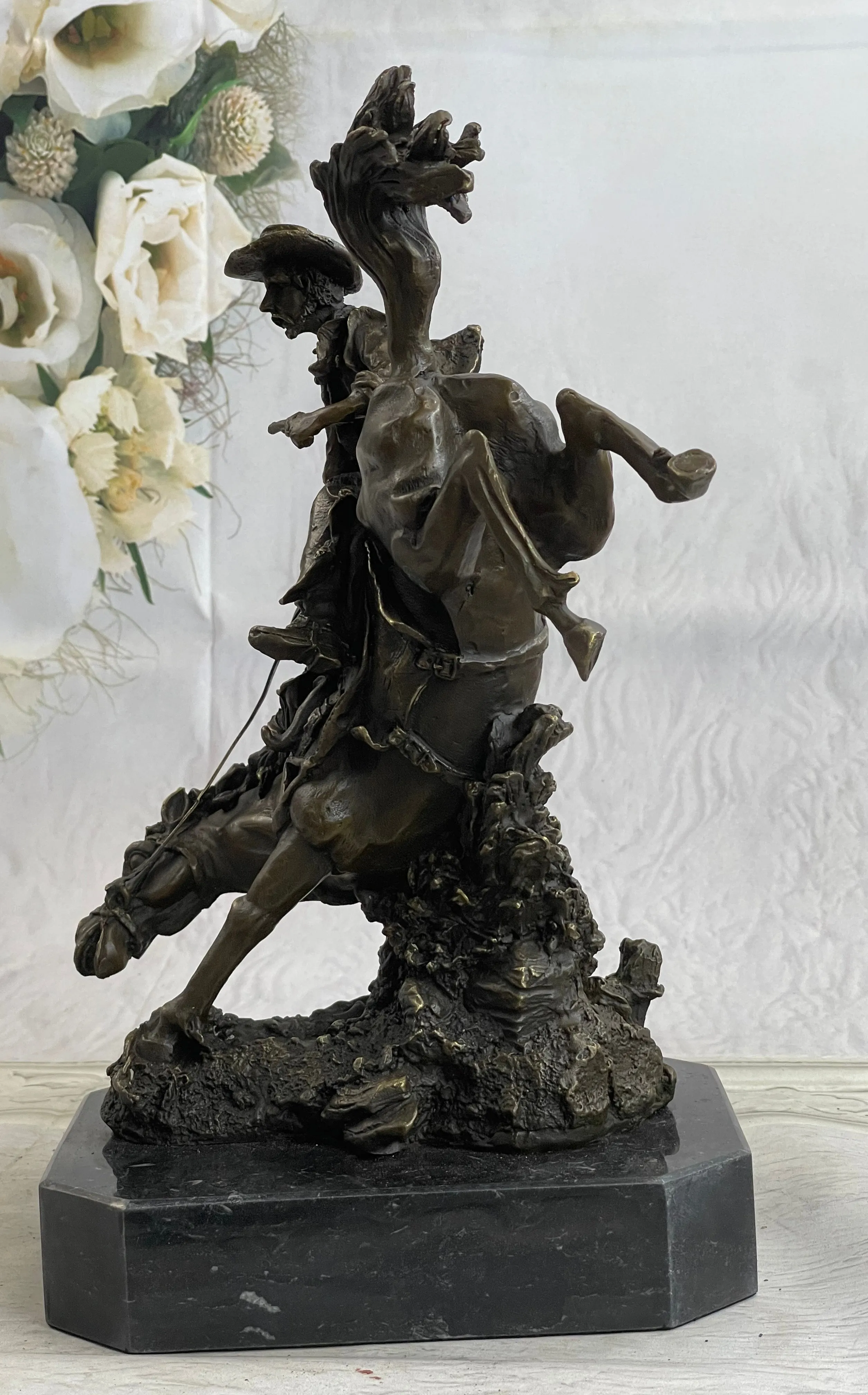 Large Arizona Cowboy Bronze Sculpture by Remington Cow Boy Figurine Figure Decor