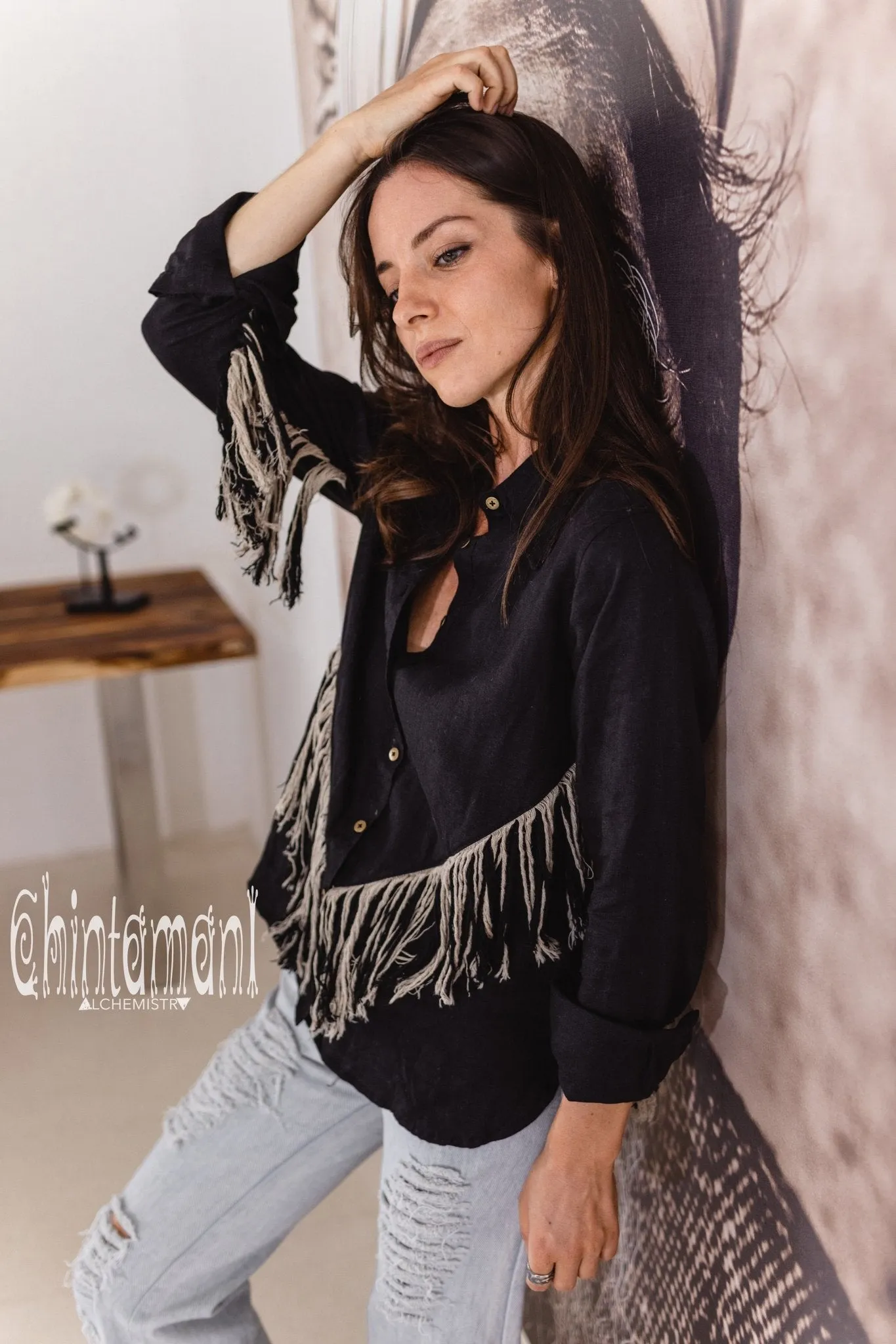 Linen Boho Button Shirt with Fringes / Black