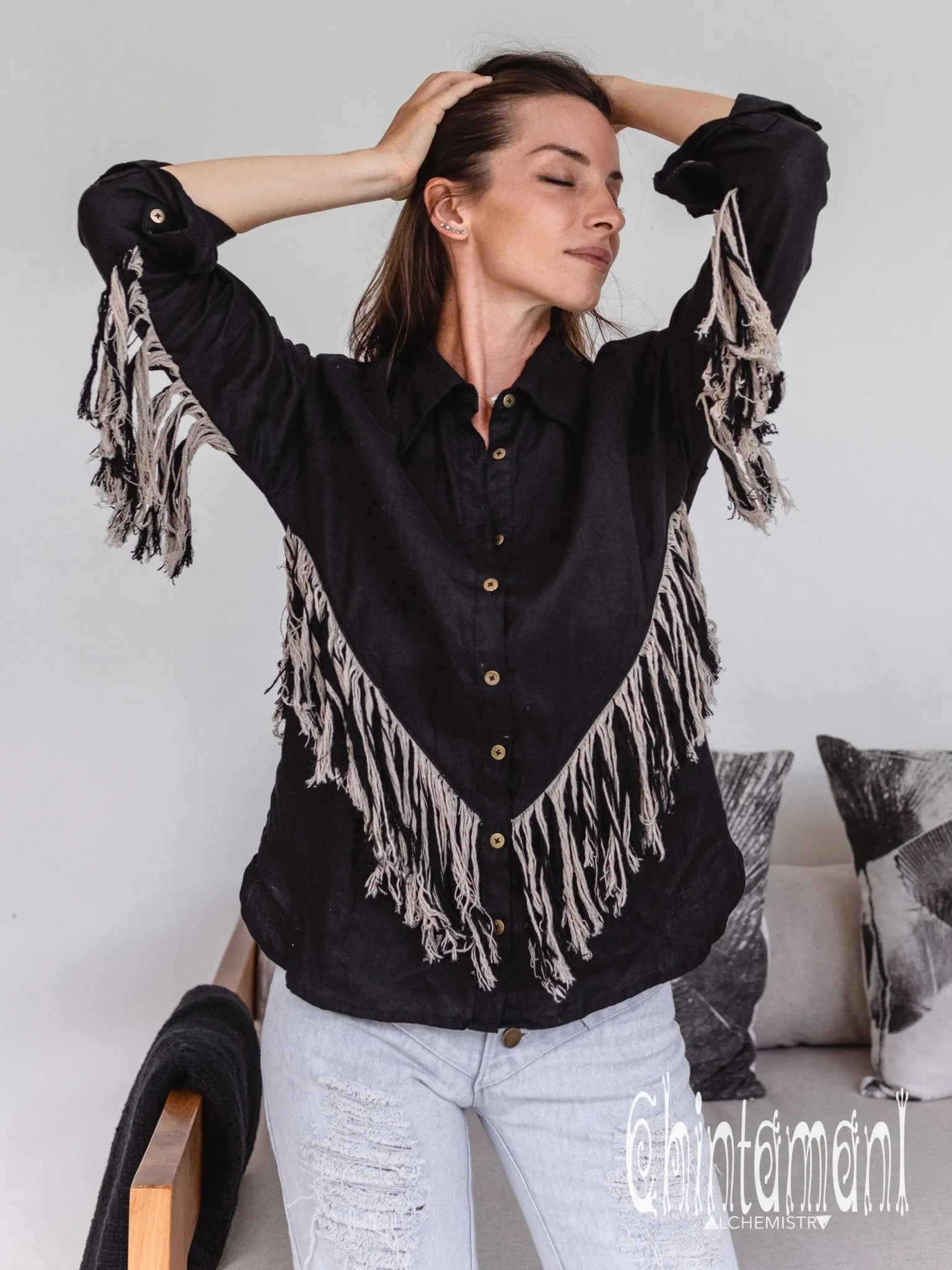 Linen Boho Button Shirt with Fringes / Black