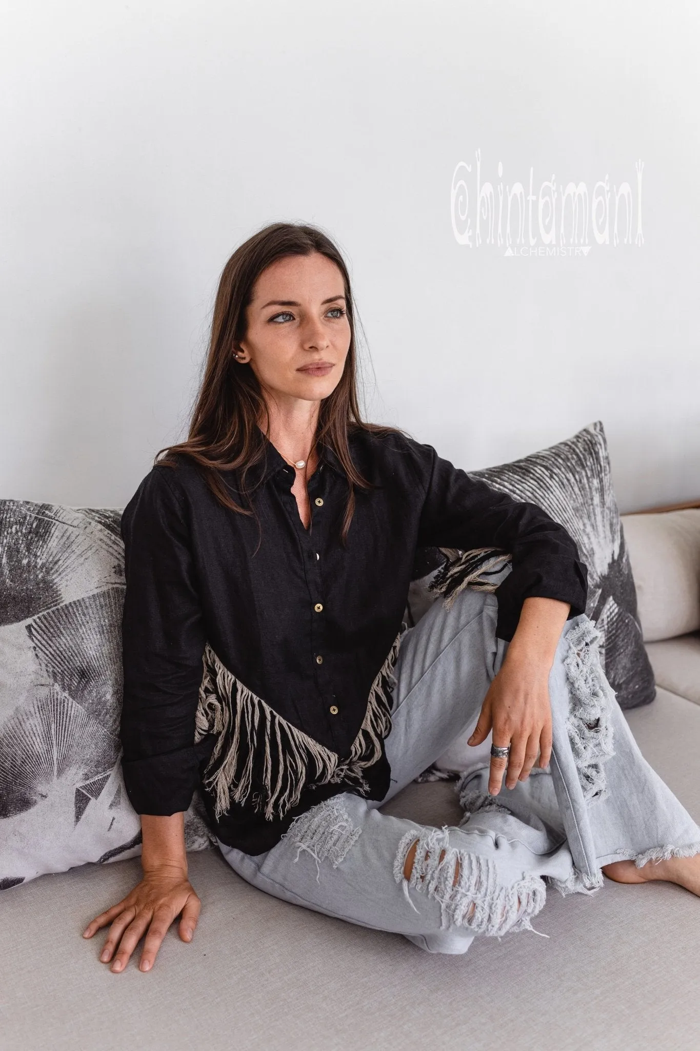 Linen Boho Button Shirt with Fringes / Black