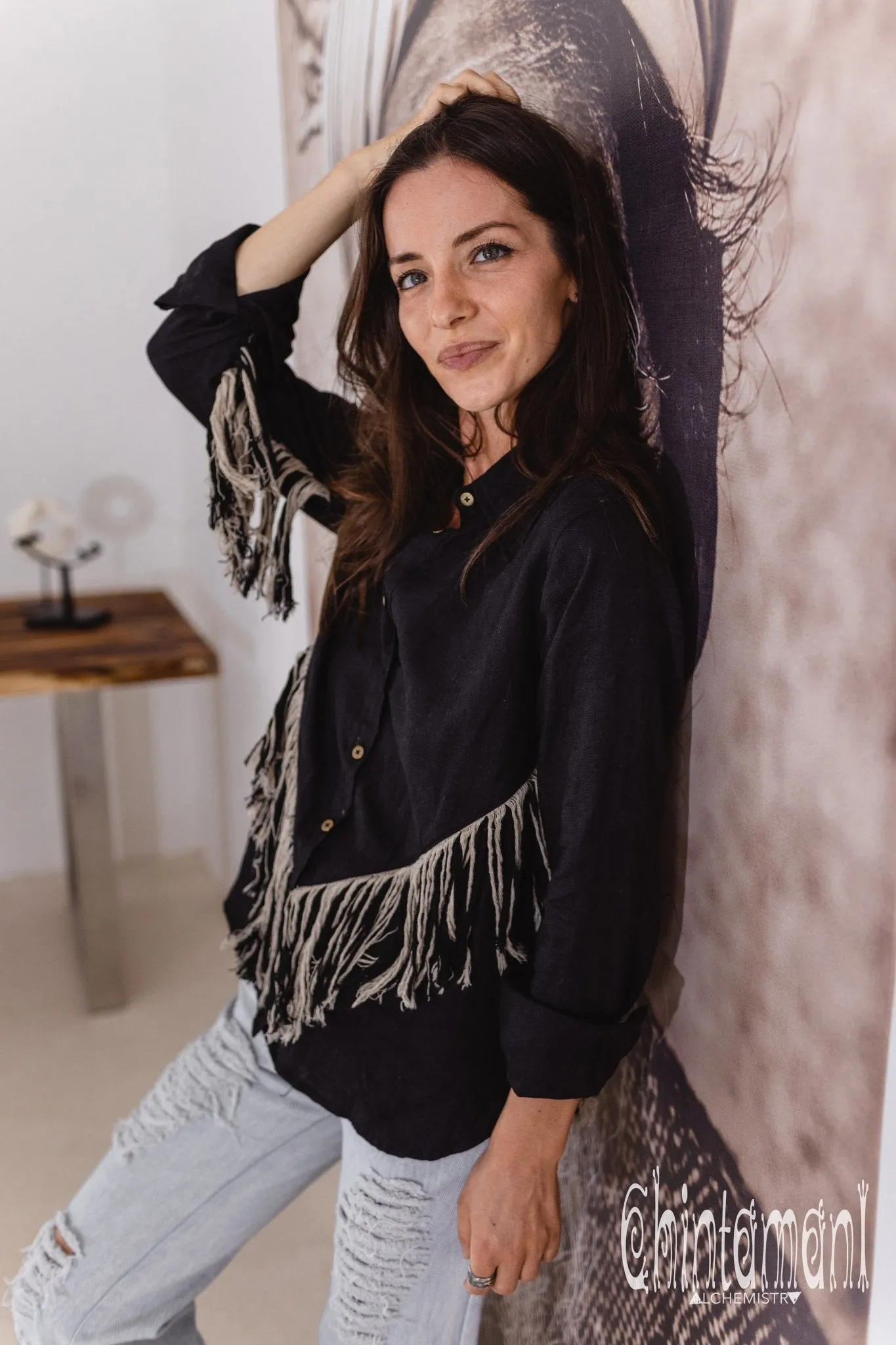 Linen Boho Button Shirt with Fringes / Black