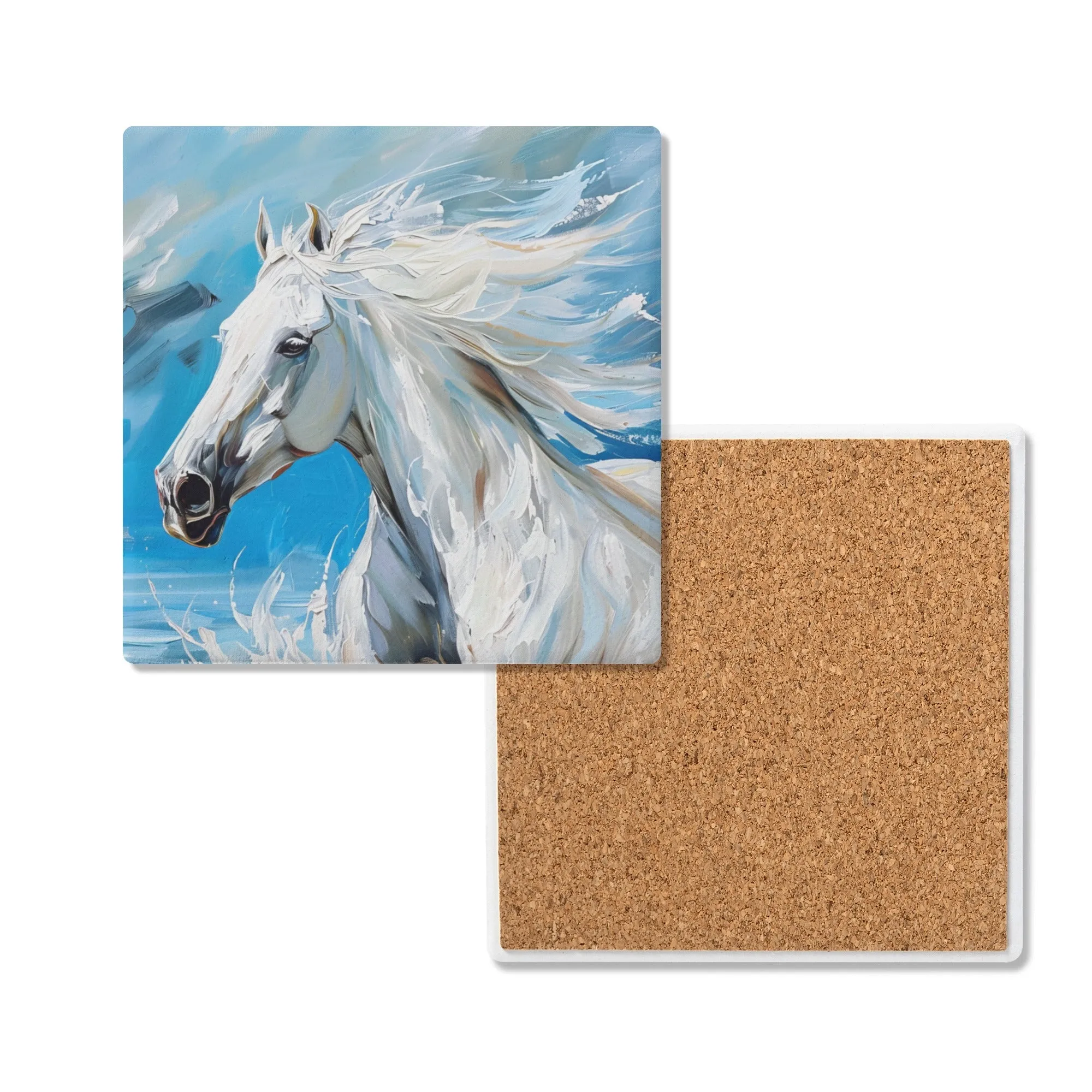 Majestic White Stallion Galloping Along the Ocean's Edge Print Square Ceramic Coasters - Set of 4